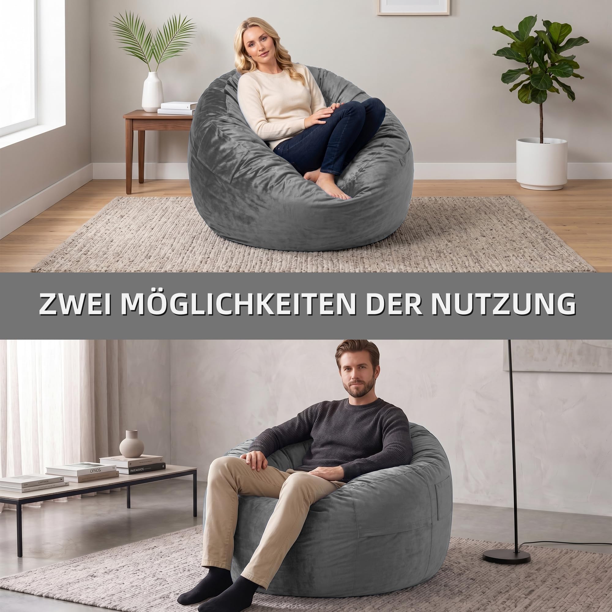 Kasunpul Sitzsack Stuhl Sitzsack Stühle für Erwachsene Riesen Sitzsäcke mit Samtbezug Bean Bag Flauschige Sitzsäcke für Wohnzimmer, Schlafzimmer, Grau, 90 x 90 x 49cm