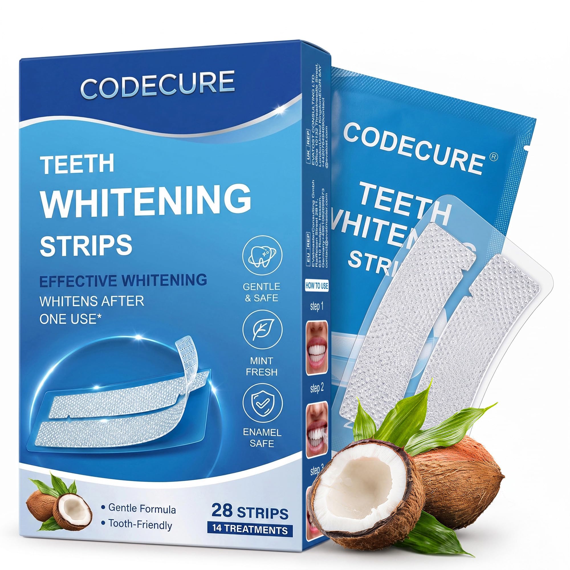CODECURE Zahnaufhellungsstreifen Teeth Whitening Strips schmelzschonend | 28 Stück für 14 Anwendungen | Sichtbare Ergebnisse in 7 Tagen | Ohne Empfindlichkeit | Effektiv gegen Verfärbungen