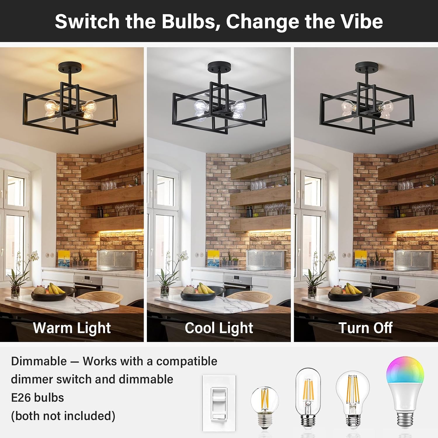 Black Ceiling Light, 4-Light Semi Flush Mount Kitchen Light Fixture