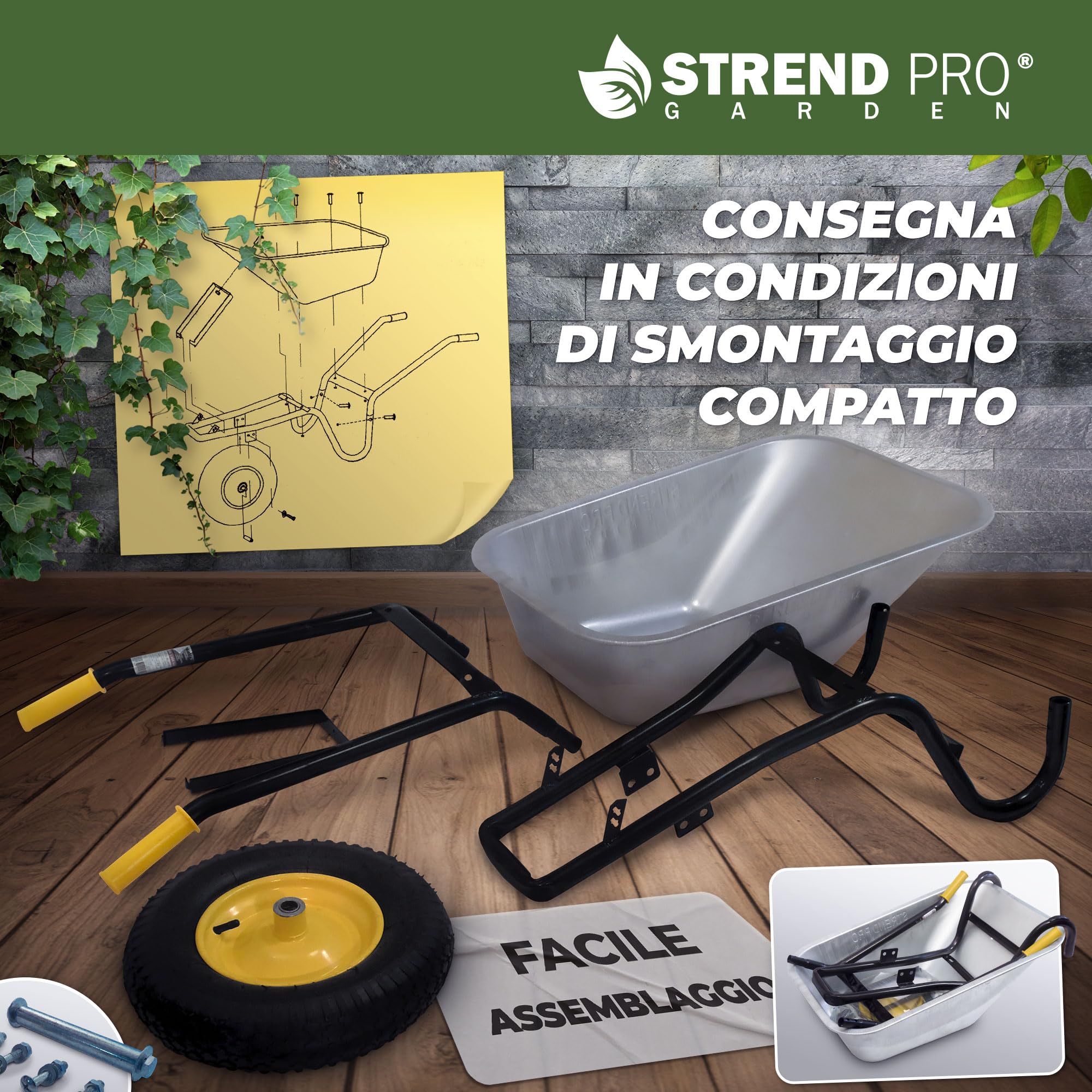 STREND PRO Carriola con ruote pneumatiche 85L 250KG | LEGGERA e PRATICA Carriola grande | Carrello a mano | Carrello scorrevole