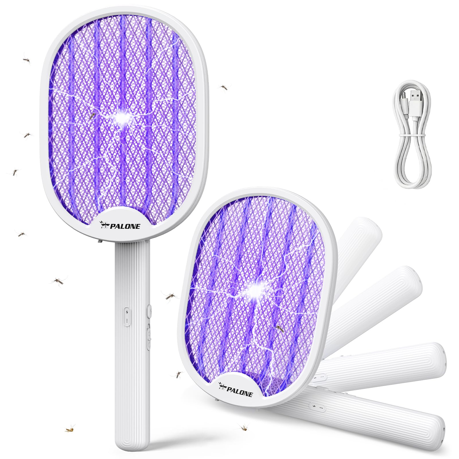 PALONE Electric Fly Swatter, 4000V Foldable Fly Zapper Killer with Rechargeable Battery, 3 Layers Mesh with USB-C, Mosquito Killer Flying Insects Control for Living room, Garden, Kitchen