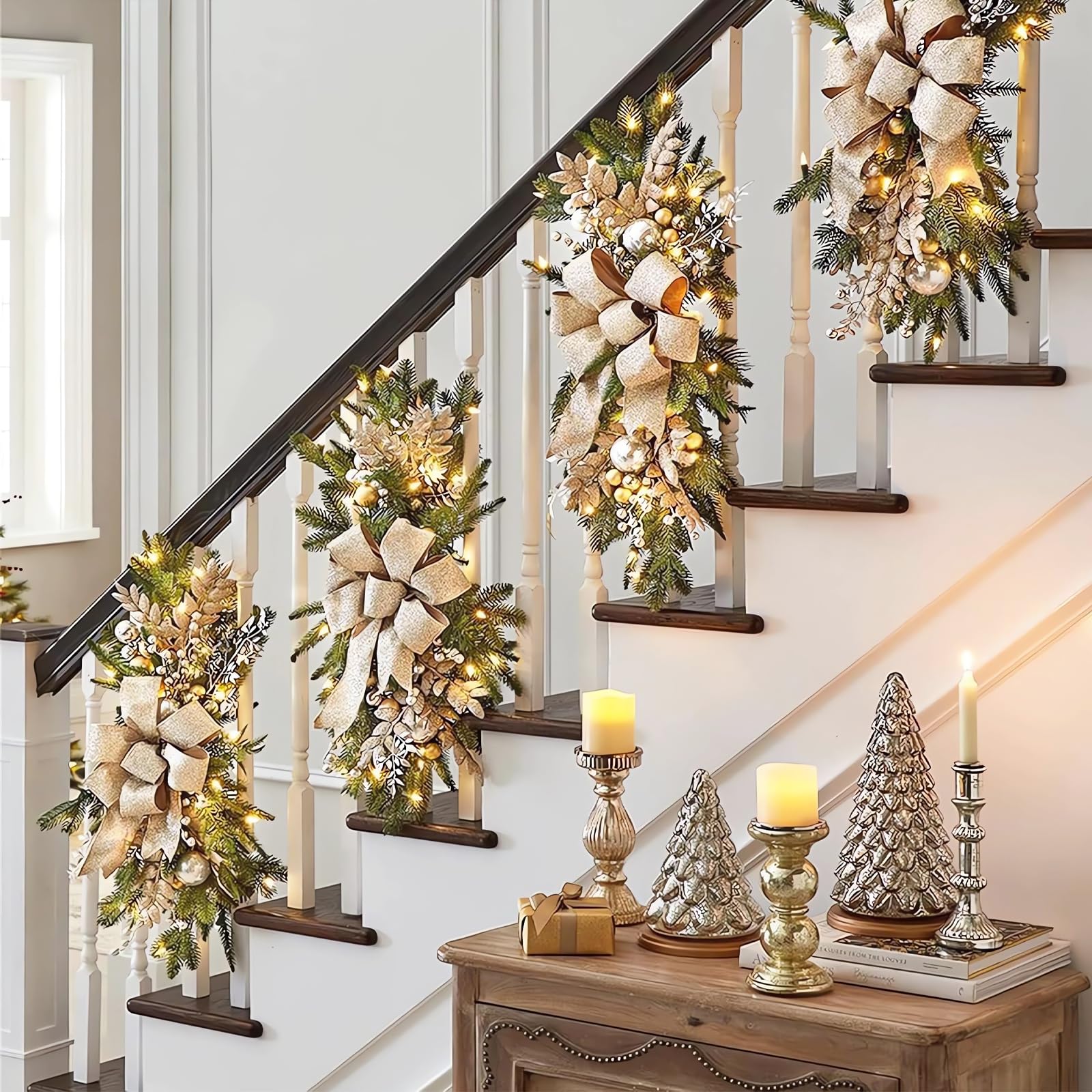 Christmas Swags Prelit Teardrop Swag Staircase Decorations Artificial Stairs Rustic Swag for Front Door Wall Window Stair Home Decor, 1pcs (Gold)