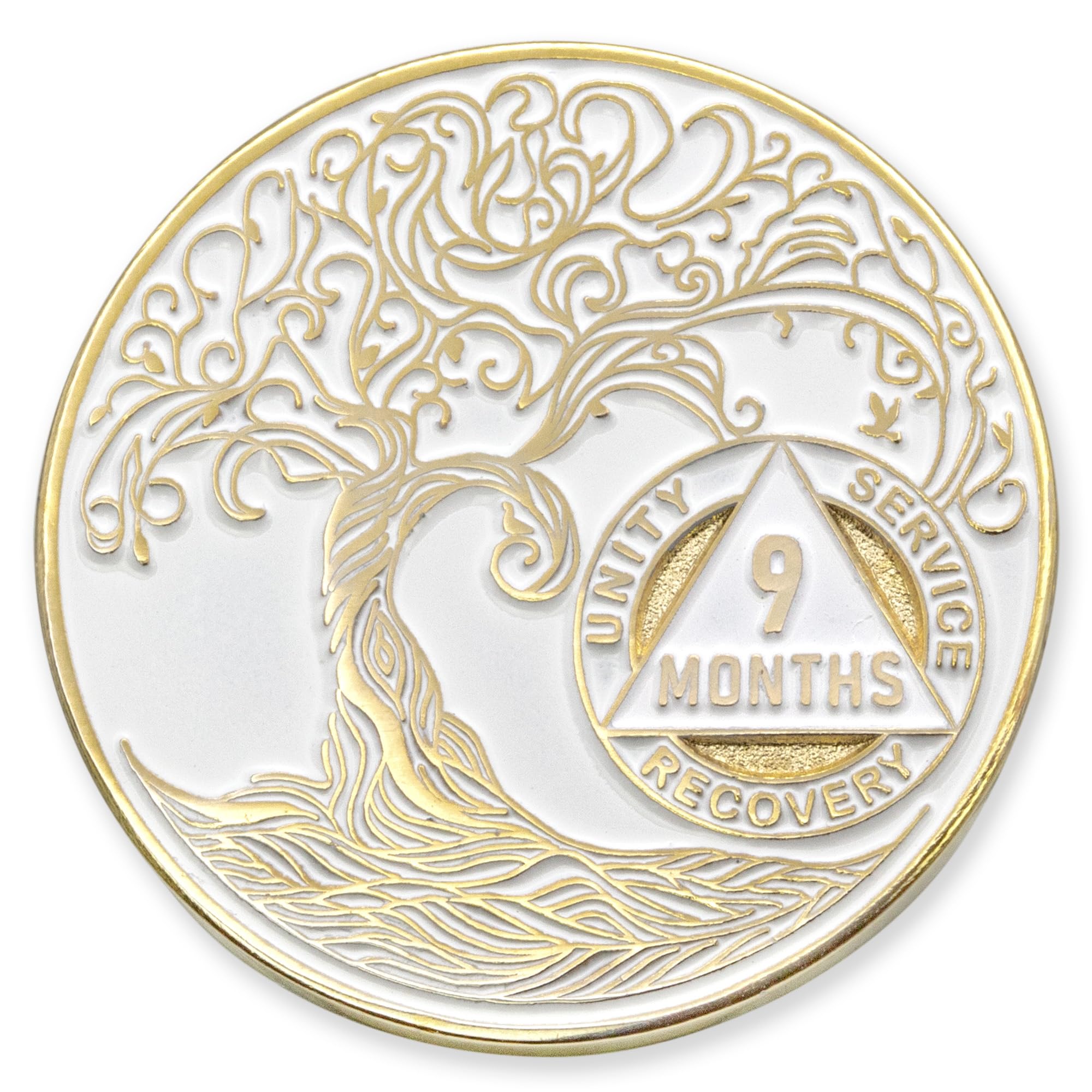 1 to 50 Year Twisted Tree of Life Sobriety Coin - Gold Plated AA Chips &amp; Medallions - 9 Months Sobriety Coin - White