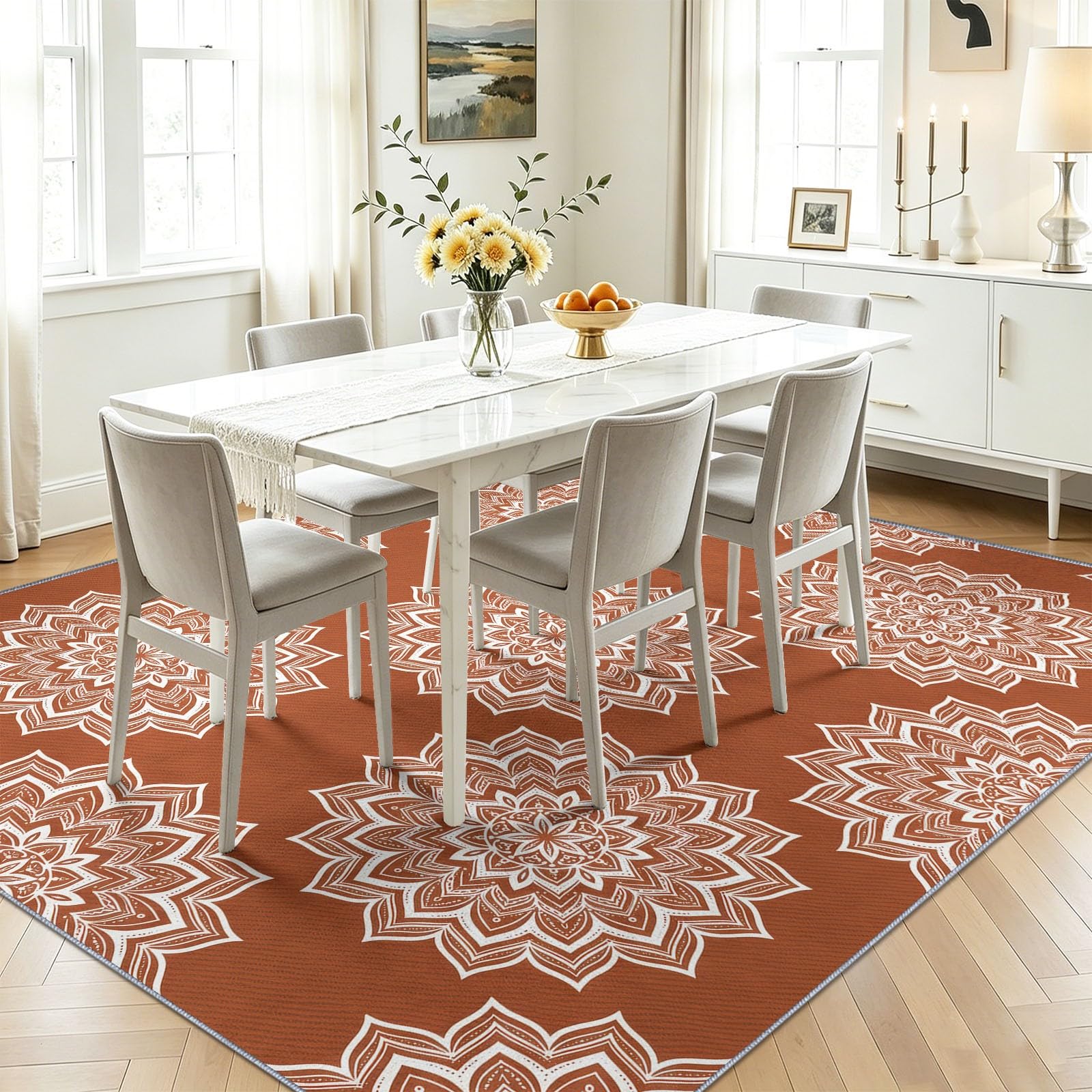 Tapis de Salon 160 x 230 cm, Marron Bohème Style Ethnique Poil Ras Tapis