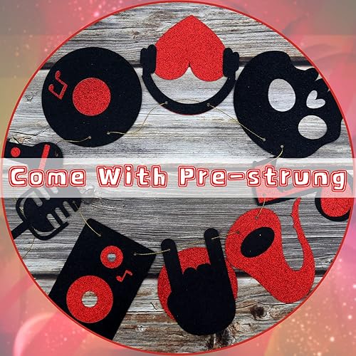 Miniatura 7 de Decoraciones de fiesta de rock and roll, incluyendo pancarta de Born to Rock, remolinos colgantes, adornos para pasteles, globos, pulseras,