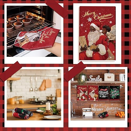 Miniatura 6 de 6 paños de cocina de Navidad afroamericanos negros de Papá Noel, toallas de mano negras y rojas, toallas de cocina negras y rojas, paños de té de