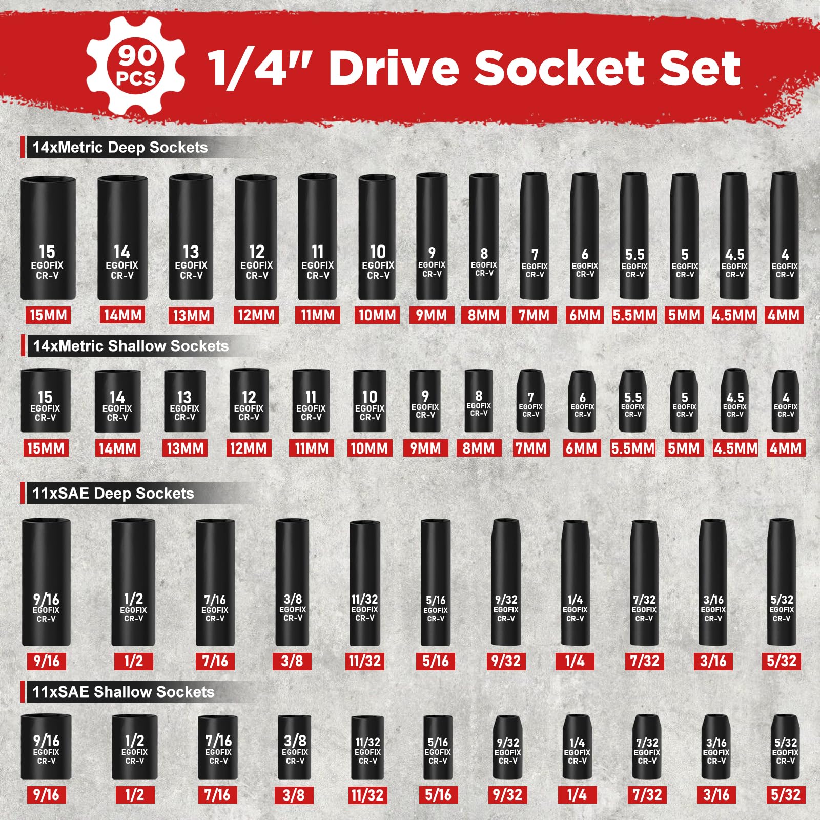 Jeu de 90 douilles à choc 1/4", douille métrique (4-15 mm) et taille standard SAE (5/32-9/16"), avec cliquet à 72 dents, ensemble d'embouts de tournevis, kit d'outils de mécanique pour usage