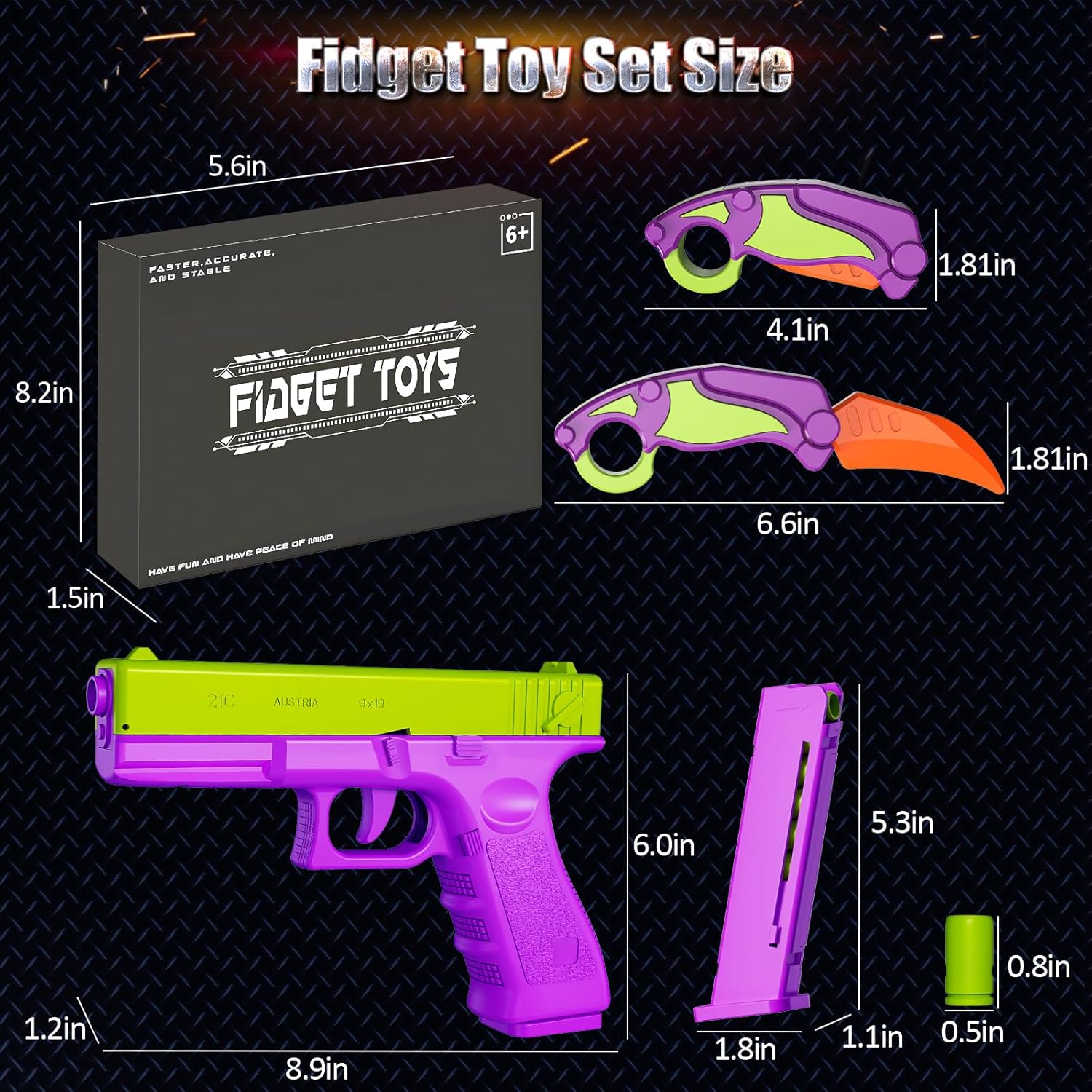 Fidget Gun Set, 3D Printed, Shell Ejecting with Fidget Toys - Stress Reducing for Kids & Adults with ADHD, Anxiety