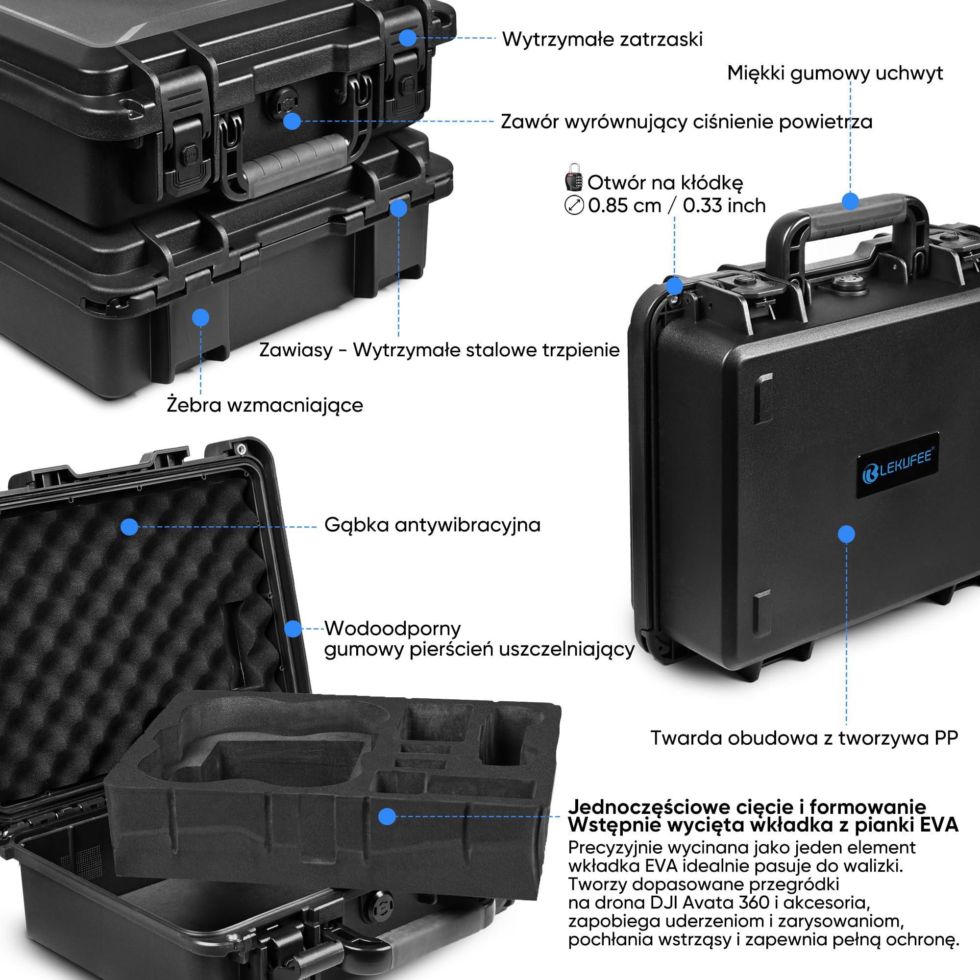Lekufee Wodoodporna Twarda Walizka Transportowa do drona DJI Avata 360, Fly More Combo (RC 2), DJI RC 2 / N3 / N2, baterii (5 szt.), huba ładującego oraz innych akcesoriów (tylko etui)