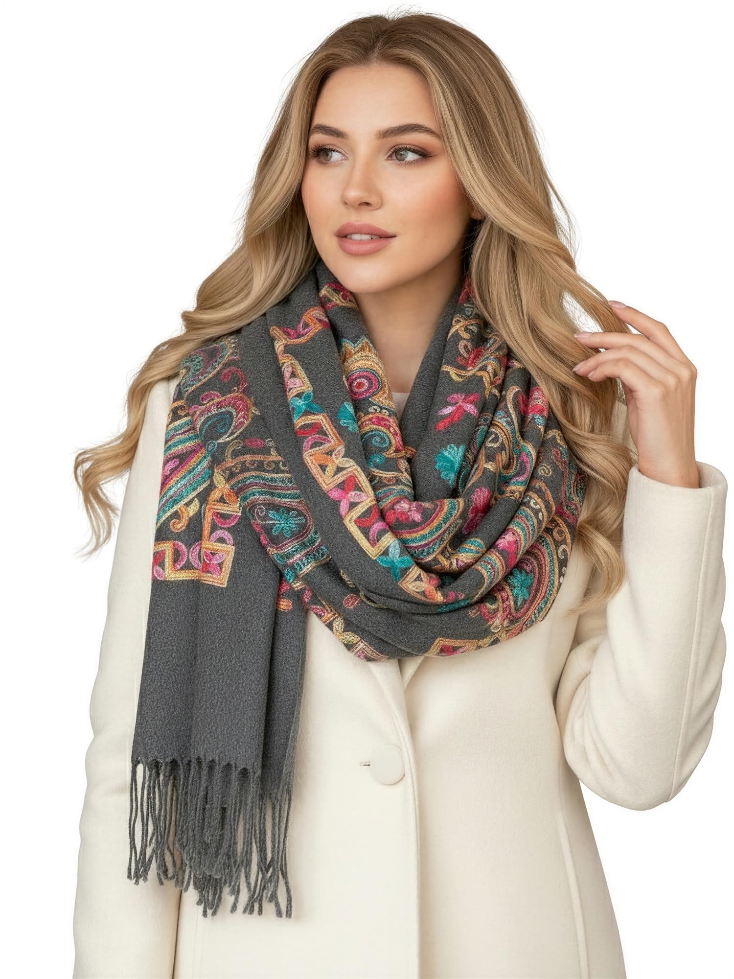 Women Pashmina Scarf Shawl Wrap, Large Long Paisley Floral Rainbow Ladies Scarves, Wearable Winter Blanket Scarfs, Indian Shawl Wedding Evening Stole, Cashmere & Cotton (Grey Rainbow Paisley)