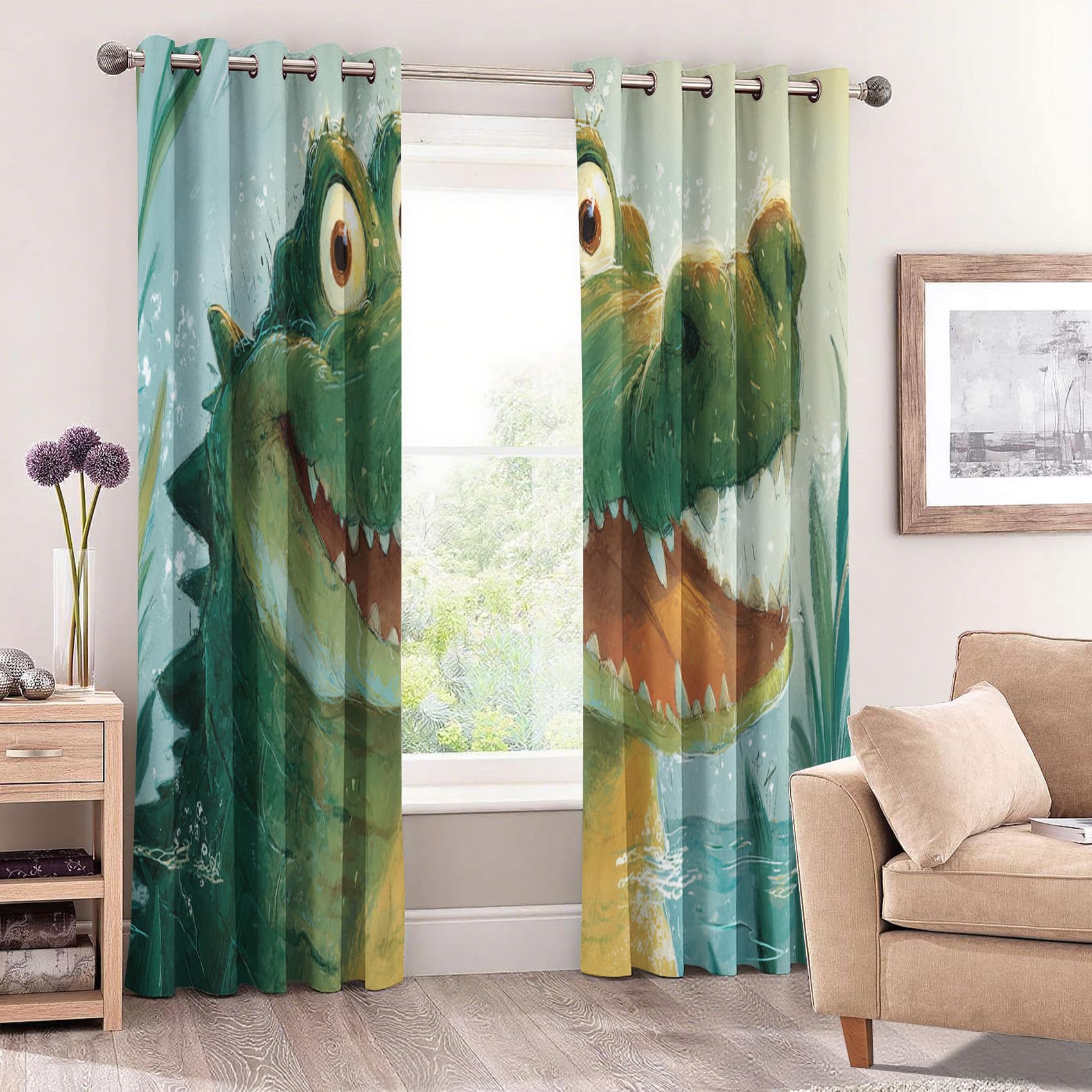 Generisch Verdunklungsvorhänge Krokodil, Vorhänge Kinder Cartoon Tier für Schlafzimmer Wohnzimmer Deko, Gardinen mit Ösen 183 X 117 cm (H x B), 2er Set Vorhang Blickdicht X&-42
