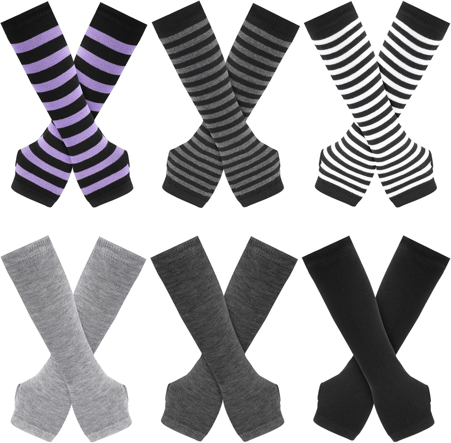 6 Pairs Punk Gothic Long Fingerless Gloves Striped Knit Arm Warmers Elbow Length Thumb Hole Gloves for Women - Image 8
