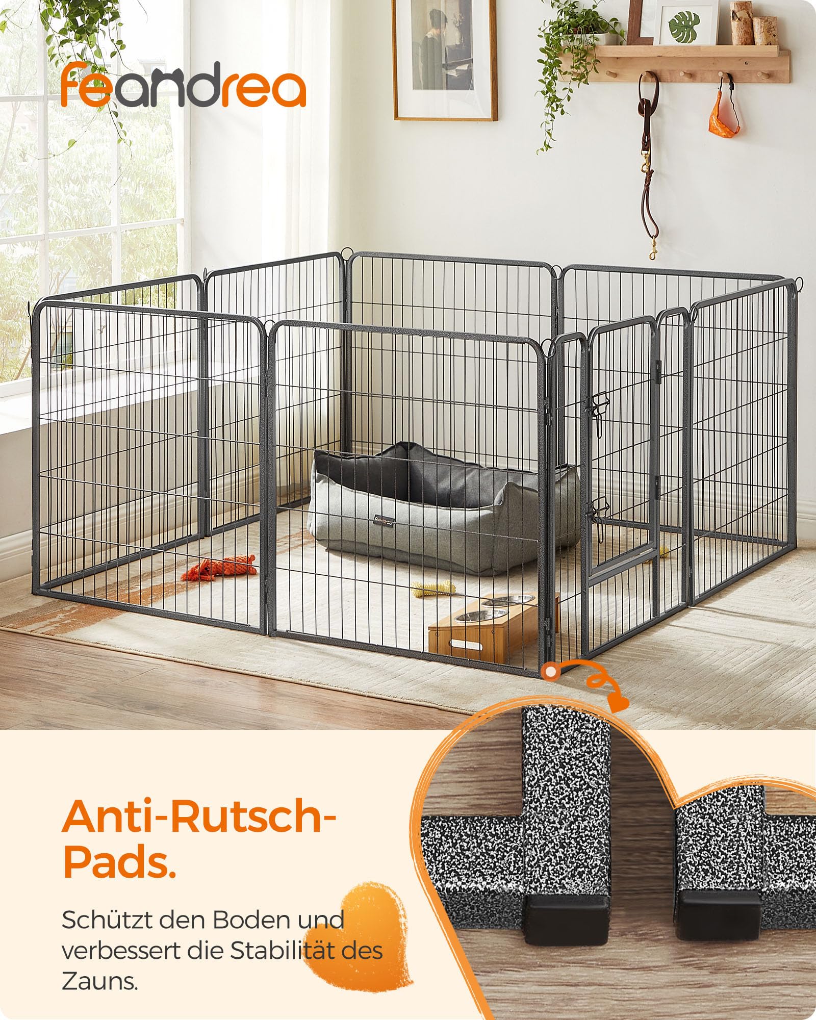 Feandrea Freilaufgehege, Laufstall DIY, mit 8 Gitterplatten je 77 x 80 cm, 2 L-förmige Riegel, transportabel, für innen und außen, extra große Haustiere ohne Halsband, grau PPK88G