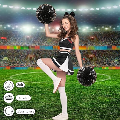 Miniatura 51 de Hanaive 3 pompones de animadora y lazo grande para animadora para el pelo, suministros metálicos para animadora de espíritu de equipo, deportes