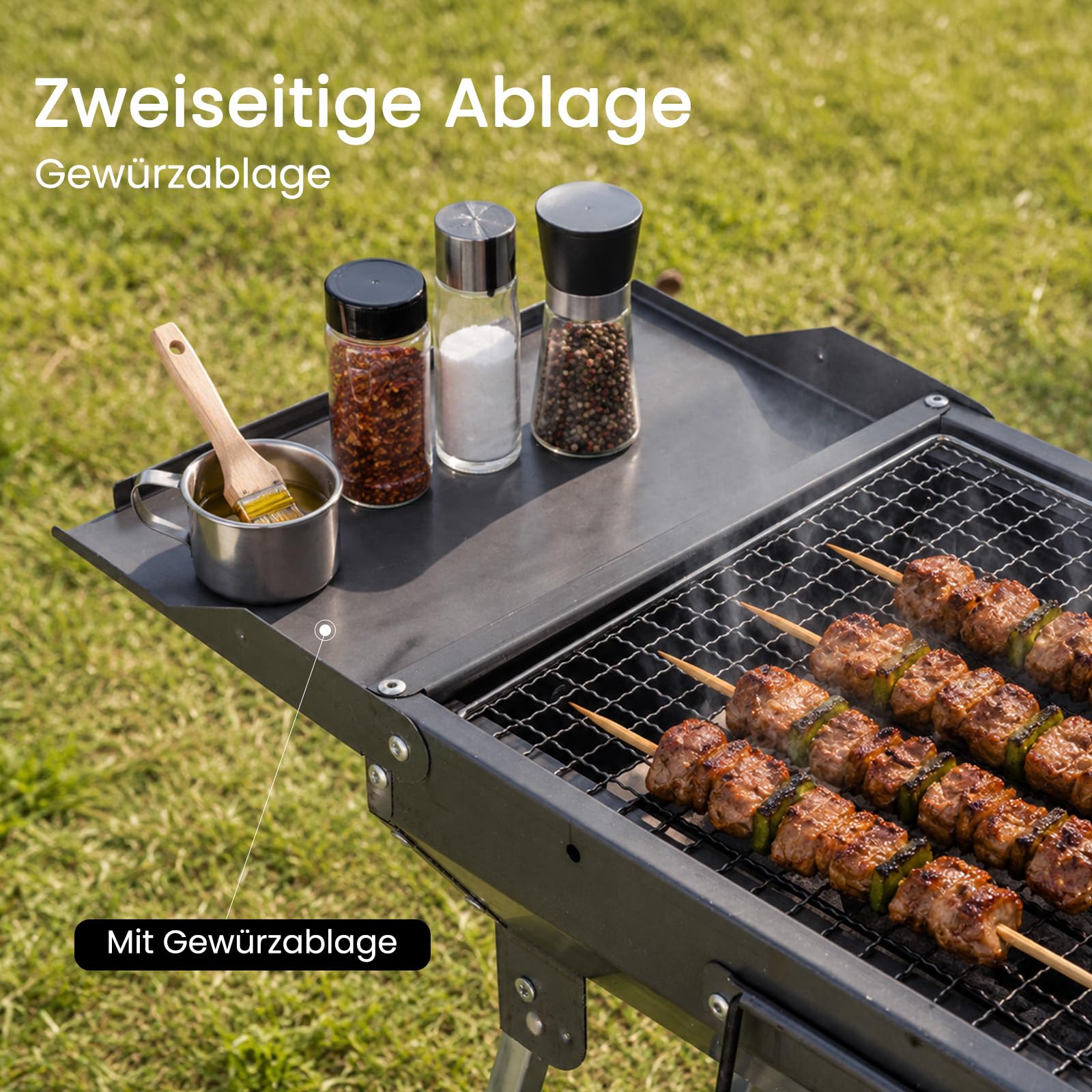 Klappgrill BBQ Set Tragbarer Holzkohlegrill mit 2 Seitenablagen, 28,5 x 77 x 55 cm Faltbar Grill Schwerlast Zinc-Legierung Outdoor Grill für Camping, Garten & Picknick