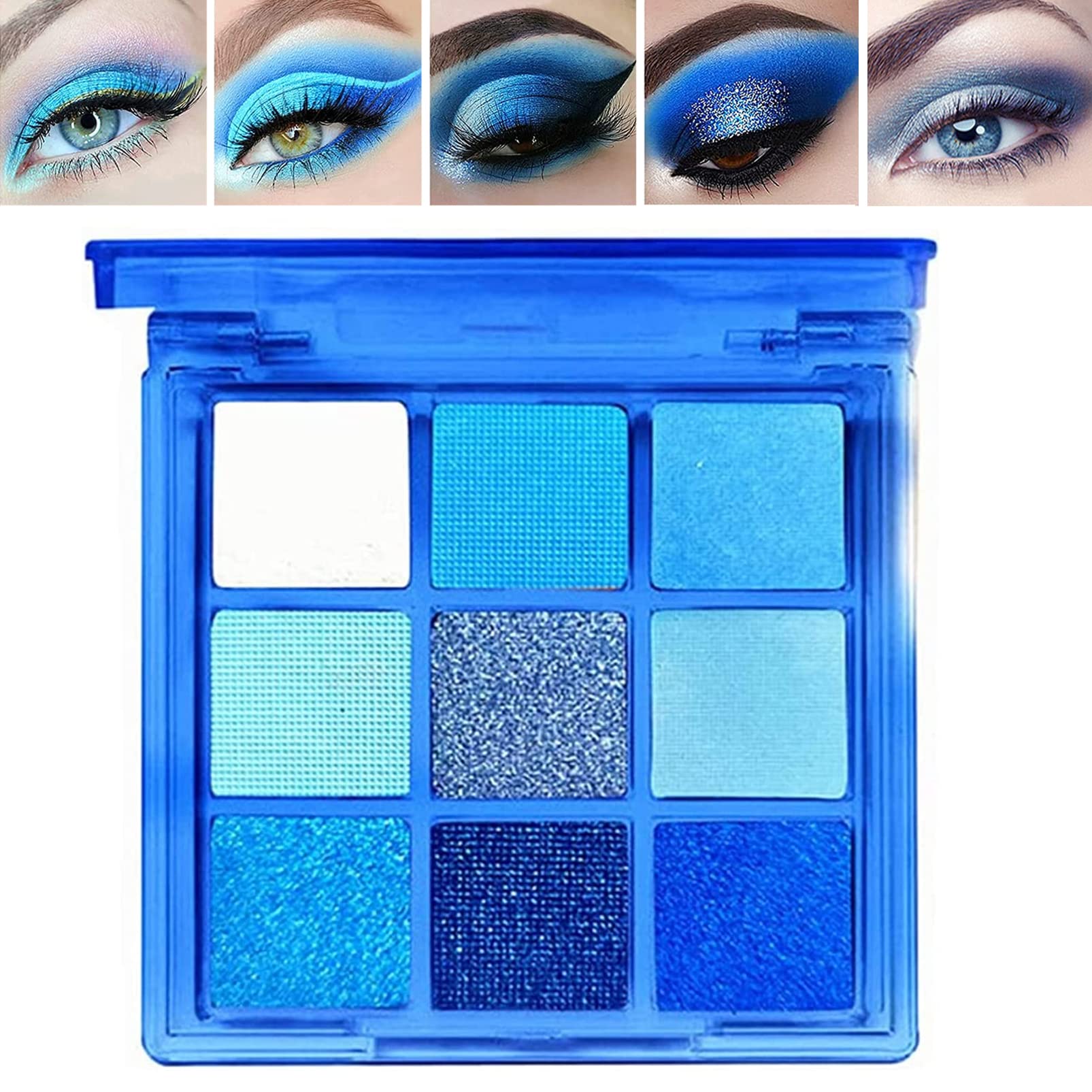 Blue Eyeshadow Palette, Glitter Eyeshadow Eye Makeup, 9 Color Navy Blue Eye Shadow Pallets for Women, Shiny Sparkle Shimmer Royal Blue Eyeshadow, Long Lasting High Pigmented Eye Make-Up Palette (Blue)