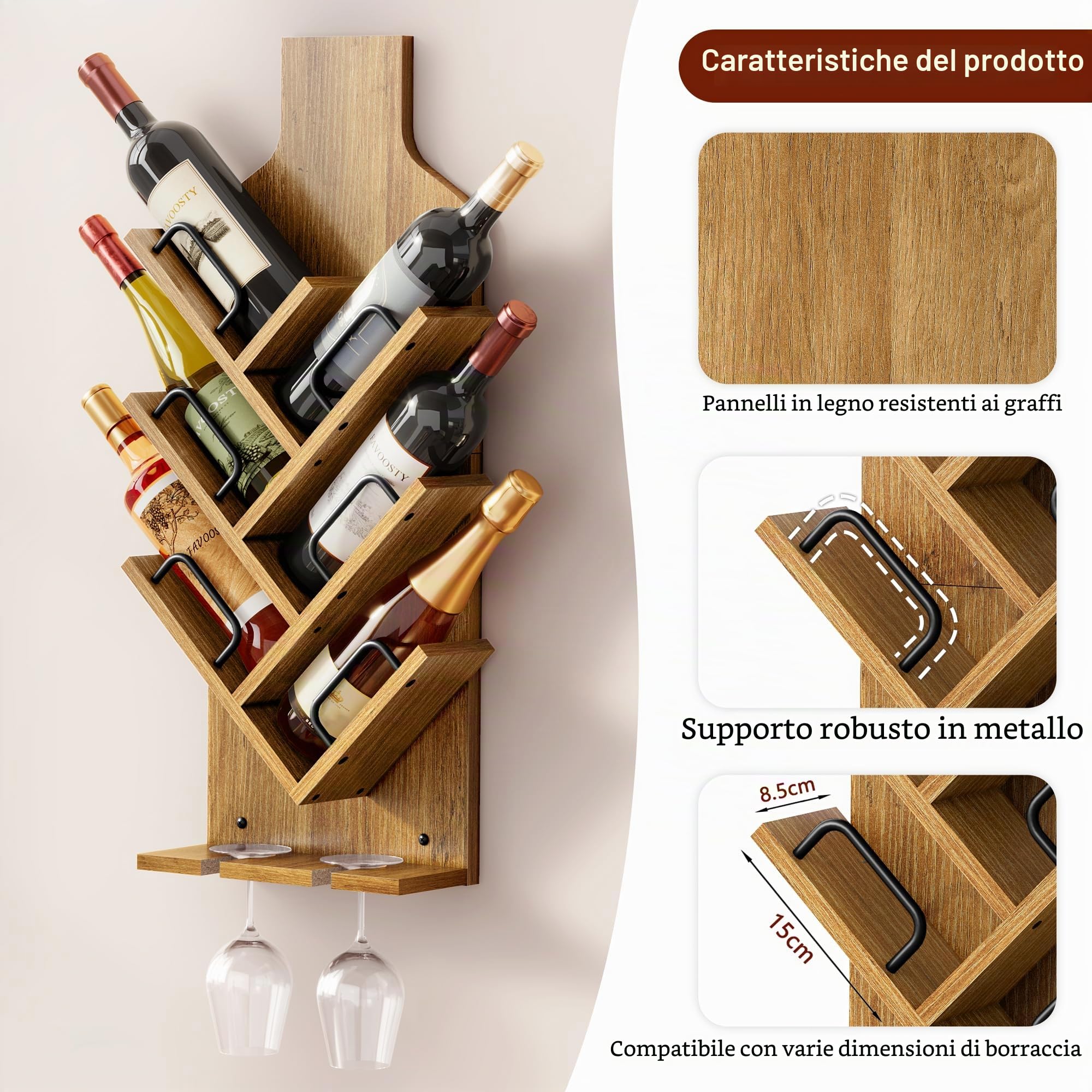 FAVOOSTY Portabottiglie da Parete,in legno,Portabottiglie da Appendere a 6 ripiani con portabicchieri, per cucina, Sala da Pranzo, Camera da Letto, Cantina, bar,Marrone chiaro