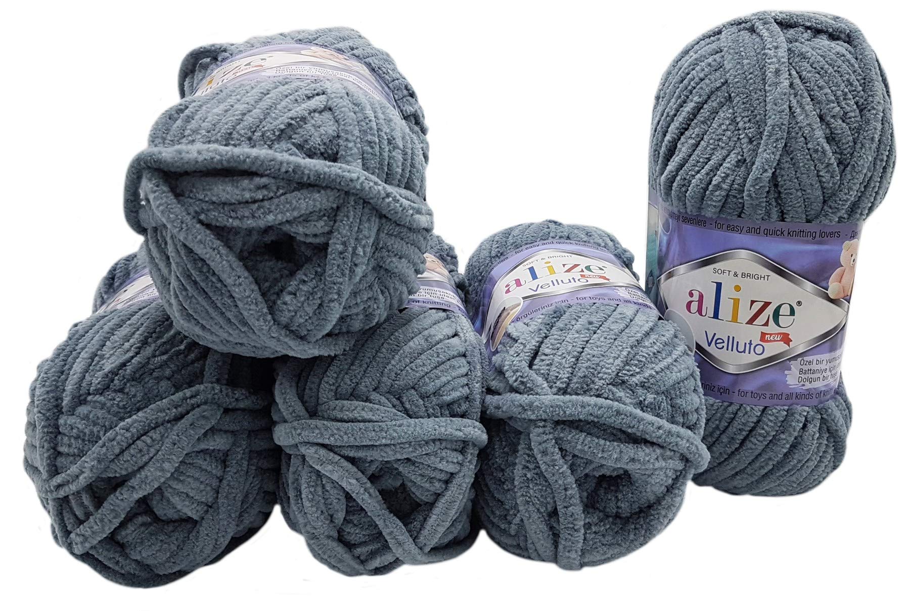 Alize Velluto Knitting Wool, 5 x 500 g Super Soft Bulky Knitting Wool, Baby Wool, 5 Balls (Dark Grey 87)