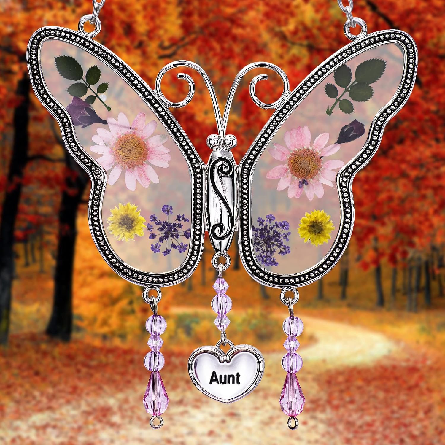 BOGDAN Butterfly Suncatcher with Pressed Flower Wings Mother's Day Butterfly Glass Wind Chime Ornament Charm with Metal Heart Happy Birthday Gifts for Aunt with Free Hook (Aunt) - Image 5