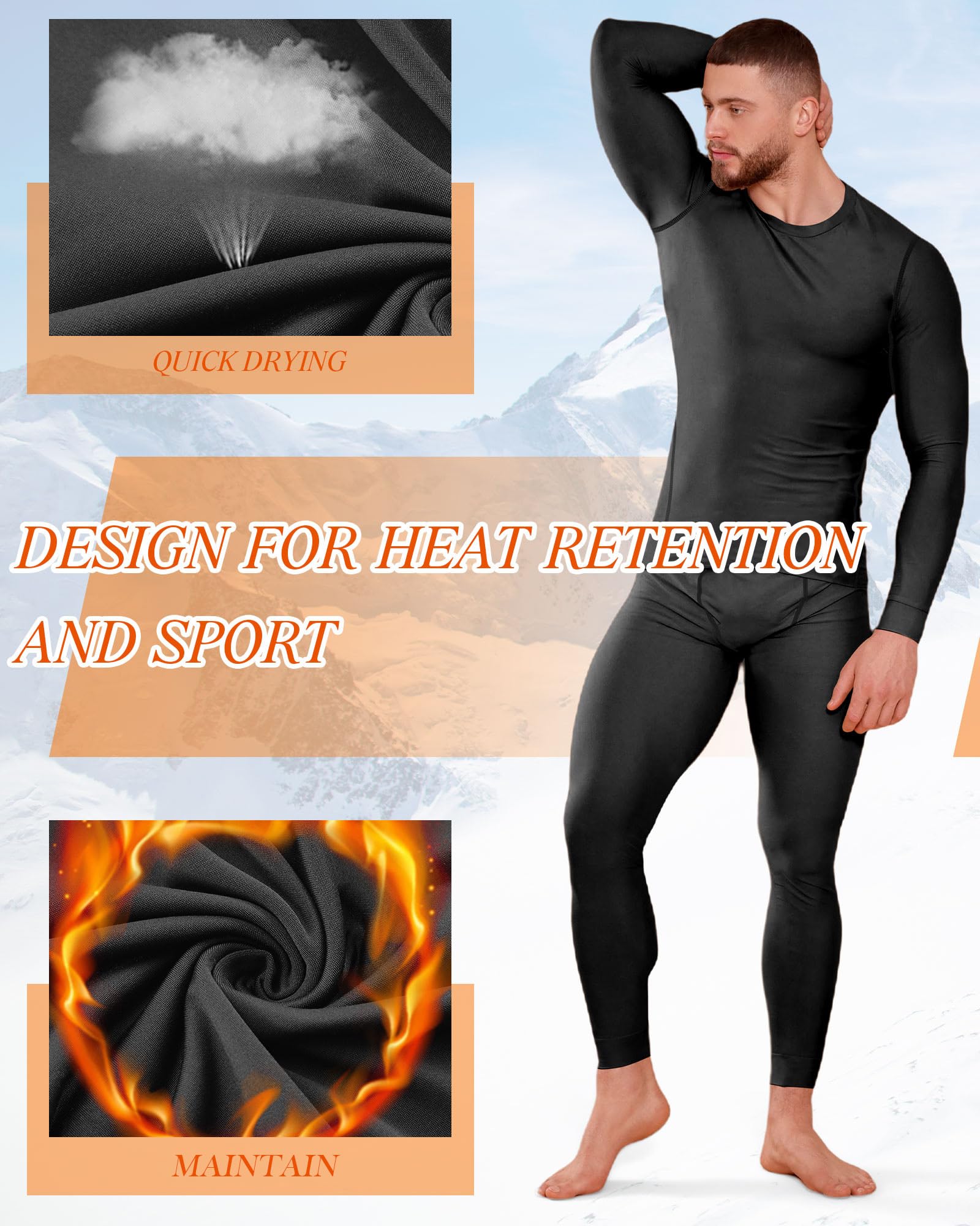 Juego de 3 ropa interior térmica de invierno para hombre, pantalones largos, capa base para hombre, clima frío, forro polar, parte superior inferior para equipo de caza, deporte, Negro, azul marino,