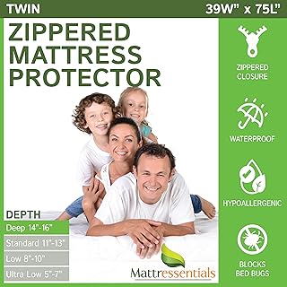 Zippered Twin Mattress Protector (14"-16" Depth) - Bed Bug Waterproof Mattress Cover, Premium Quality Hypoallergenic Encasement White