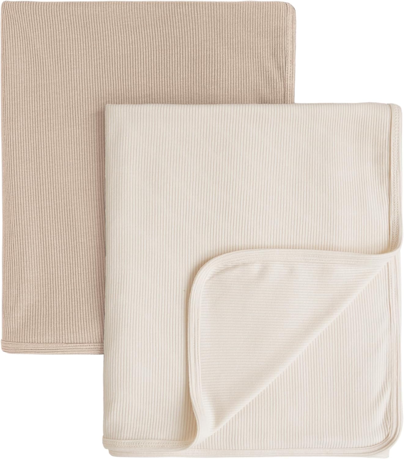 Konssy Knit Baby Blanket 2 Pack, Soft Ribbed Swaddle Receiving Blankets for Boys & Girls, Lightweight Cozy Swaddling Wrap for Newborns, Infants, & Toddlers, 33×42 Inch (Camel, Beige)