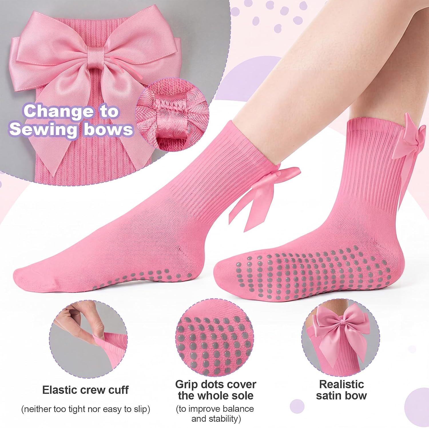 Cutecrop 3 Pairs Pilates Socks Non Slip Yoga Crew Sock Coquette Satin Bow Pilates Grip Socks for Women Ballet Athletic Gifts