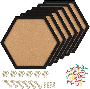 HAKZEON 6 Pack Cork Bulletin Board Hexagon, Hexagon Cork Board, Framed Corkboard Tiles for Wall, Thick Modern Decorative Cork Board with 48 Push Pins for Home, Office, Black
