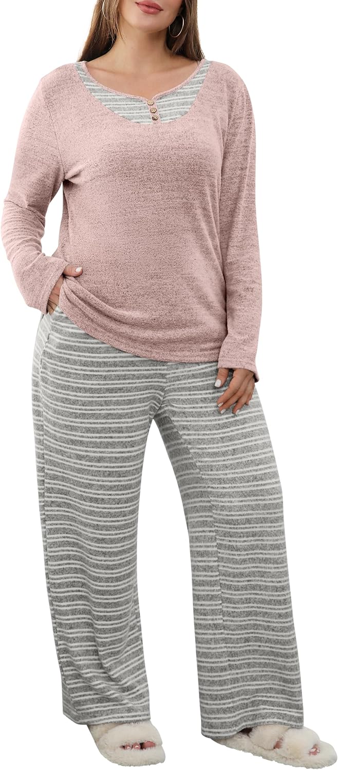 Blooming Jelly Womens Plus Size Pajamas Color Block Pajama Sets Button Down Lounge Sets 2 Piece V Neck Long Sleeve Pj