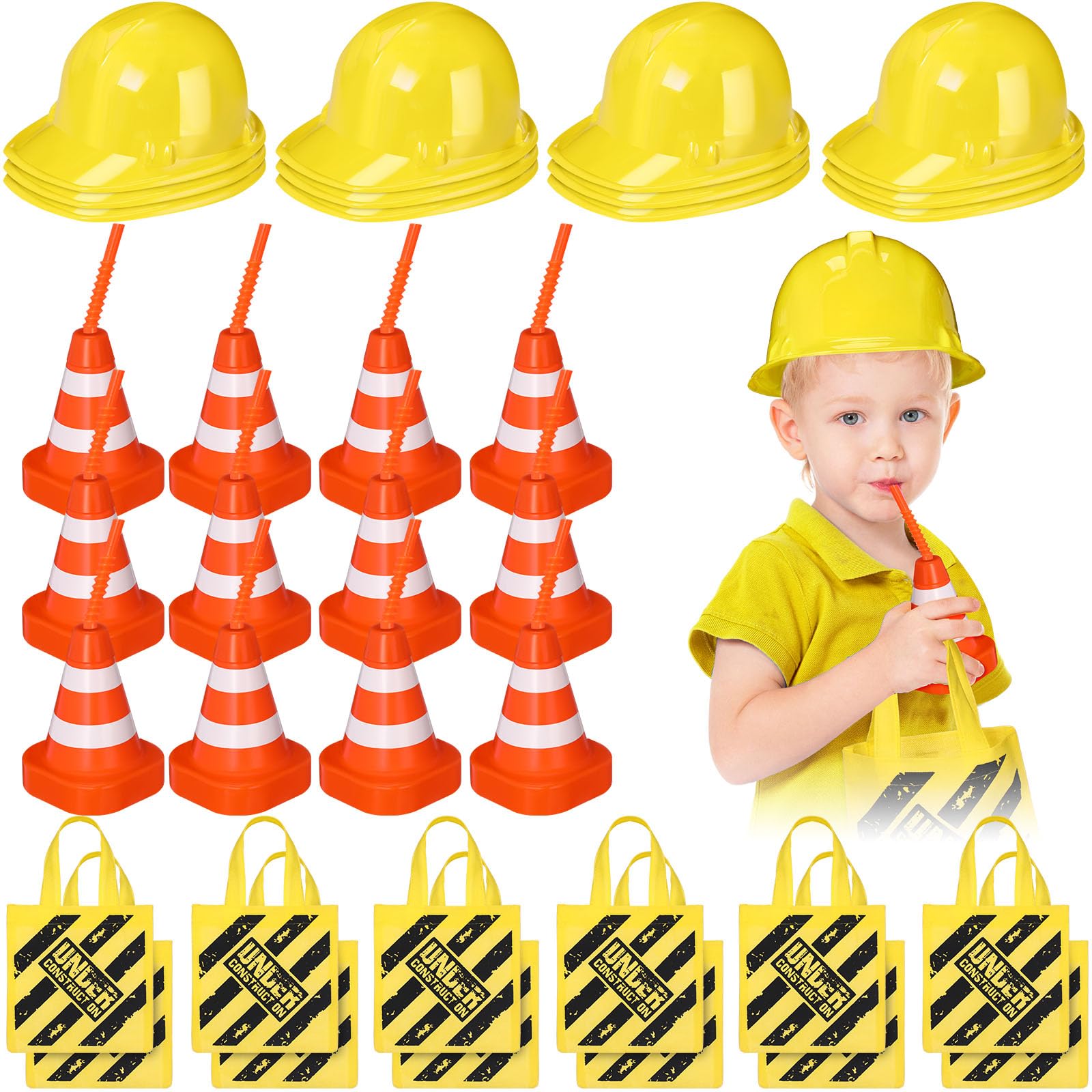 Hillban 36 Pcs Construction Birthday Party Supplies Set Kids Construction Dress up Kit Including 12 Hat, 12 Tote Bag and 12 Traffic Cone Cups for