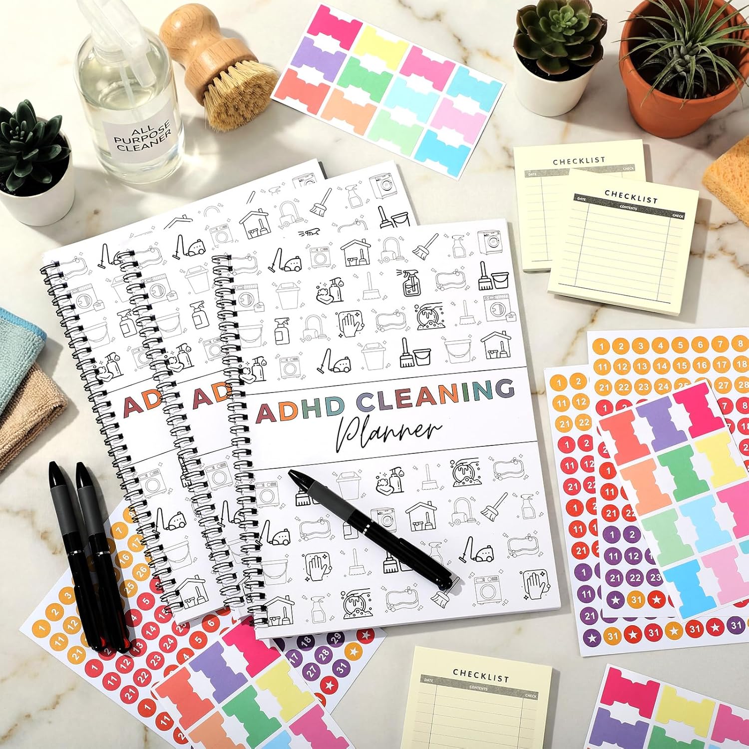 AmazingSpark 3 Pack Planner Set, Cleaning Schedule and Checklist Organizer Notebook Daily Weekly Monthly House Planner with Pens Labels Stickers, Chore Chart Notebook for Home, DIY Home