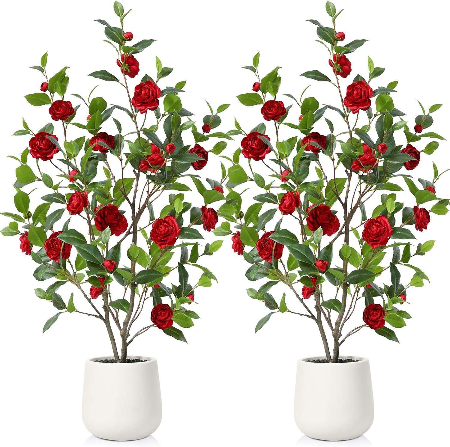 48’’ Artificial Camellia Tree, 2 Pack Faux Silk Flower Plants, Floral Plant Blooming Tree with Planter, Greenery Potted Plant for Indoor Office Home Living Room Decor