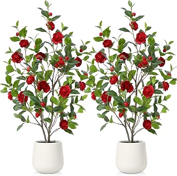 48 Artificial Camellia Tree, 2 Pack Faux Silk Flower Plants, Floral Plant Blooming Tree with Planter, Greenery Potted Plant for Indoor Office Home Living Room Decor