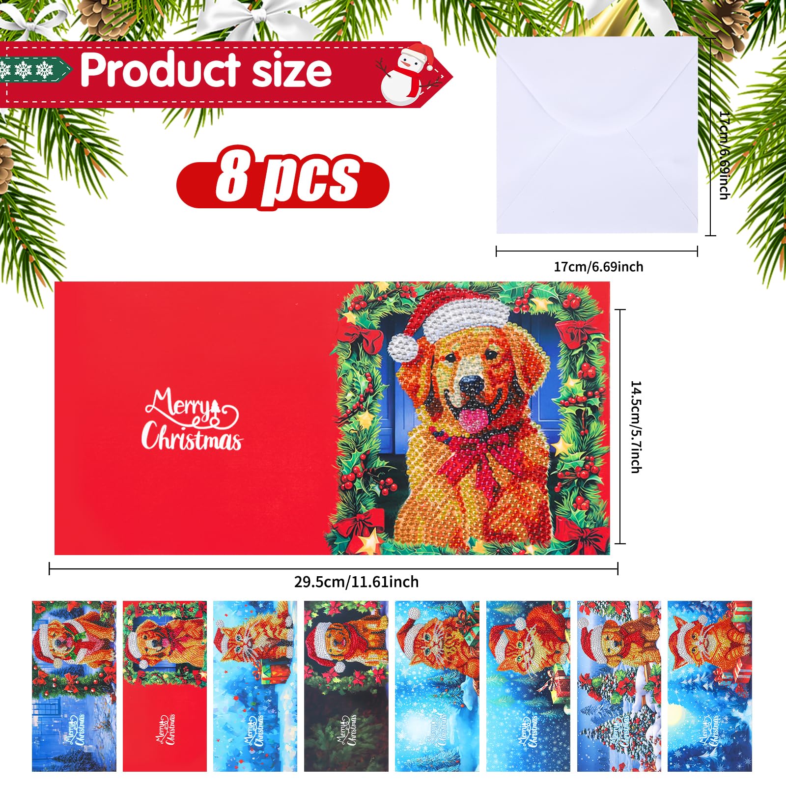 8Pcs Natale diamante pittura carte, Biglietti d'auguri natalizi 5D DIY Animale cane gatto diamante arte biglietti con buste Carte artigianali fatte a mano Regali per Festival di Natale, Capodanno