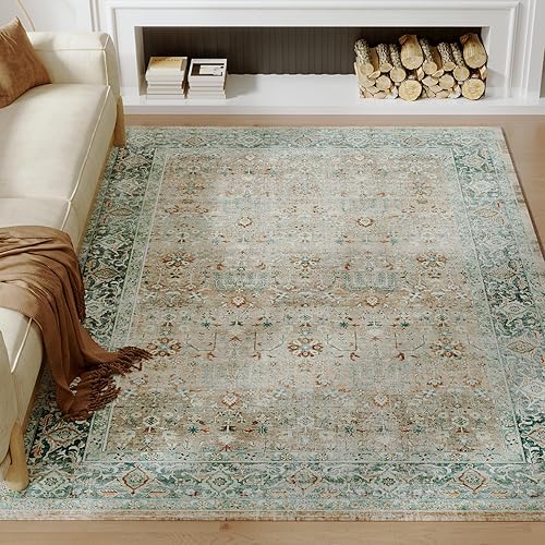 Miniatura 4 de Alfombra bohemia lavable de 5 x 7 pies, color verde azulado, para sala de estar, suave, antideslizante, no se desprende, alfombra de interior para