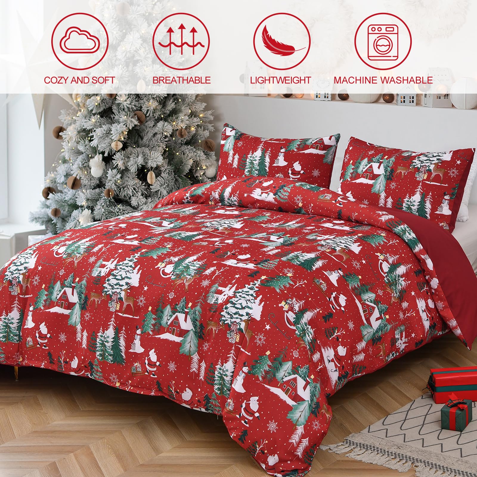 DJY Christmas Double Duvet Cover Set 3 Piece, Red Santa Claus Snowflake Tree Pattern - Image 2