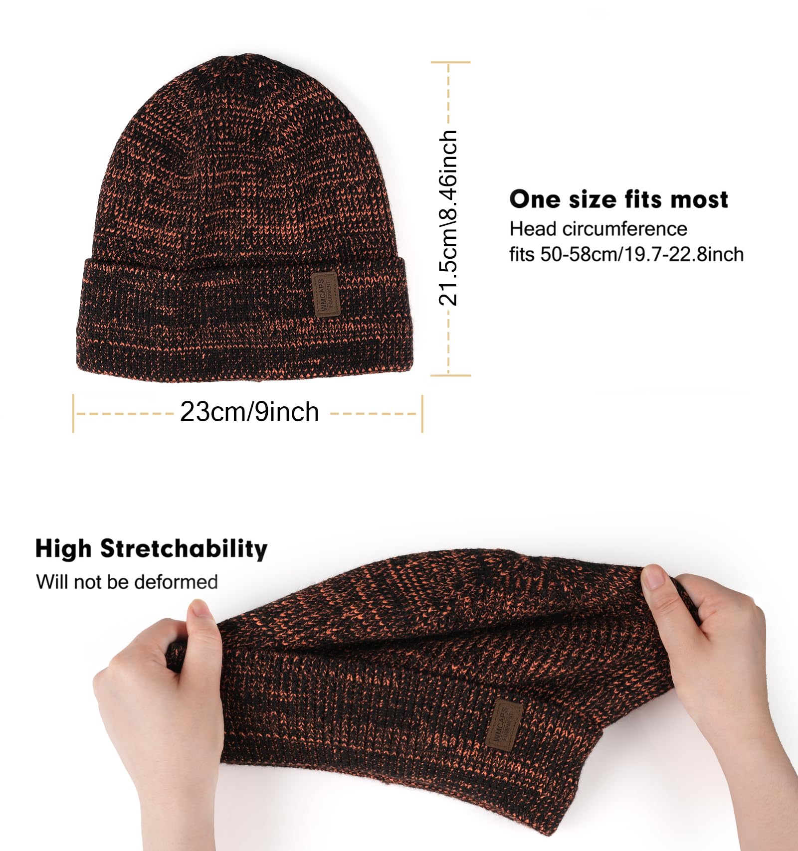 Wmcaps Beanie Hat, Hombres de Invierno cálido Unisex Sombrero de Invierno Suave con puño y Grueso Forro Caliente, Negro/Mandarina