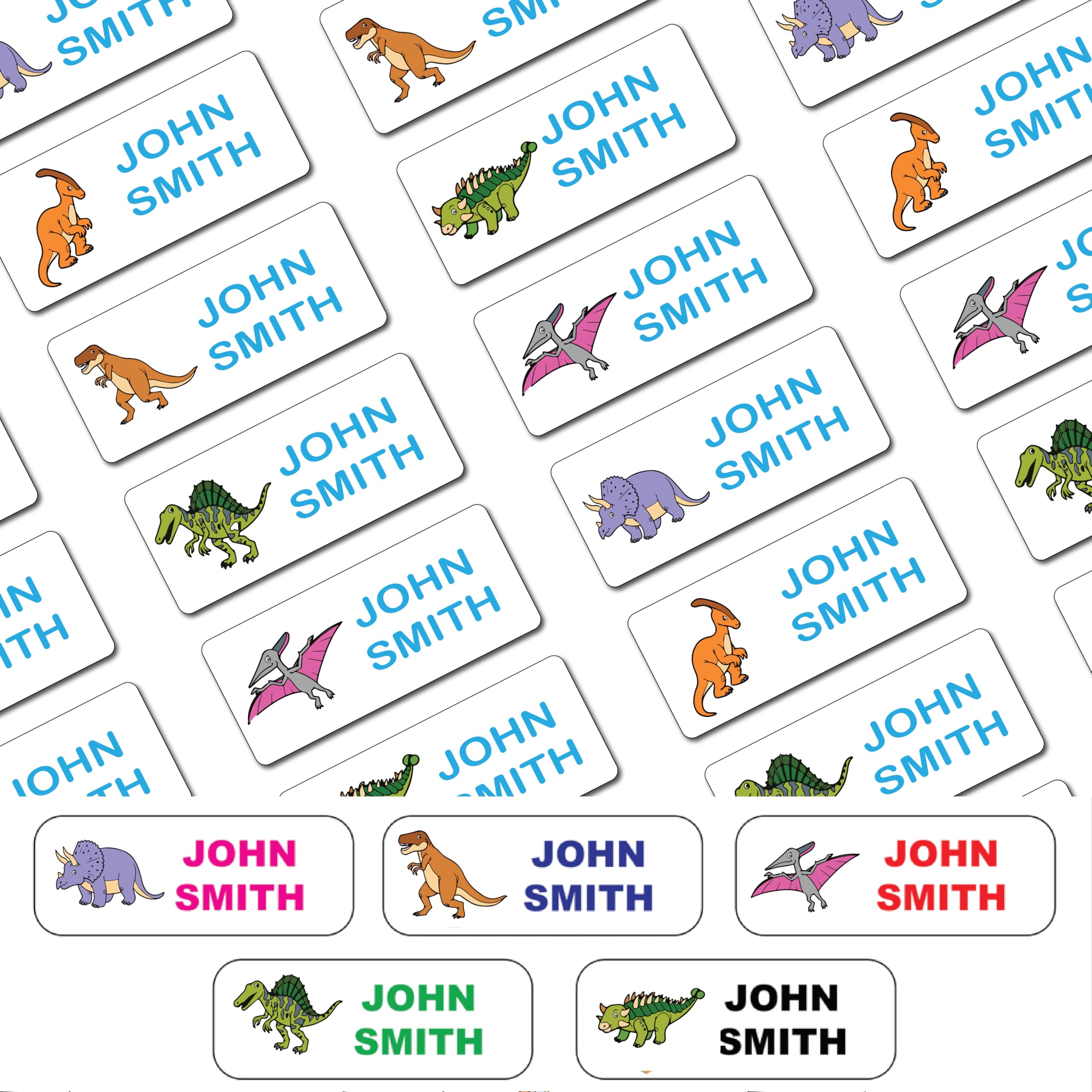 44 Personalised Stick On Name Labels for Clothes Kids, No Iron Just Peel and Stick! Suitable for School Uniform, Name Tags, Care Home, Washing Machine Proof, Dishwasher Proof, (Dinosaur)