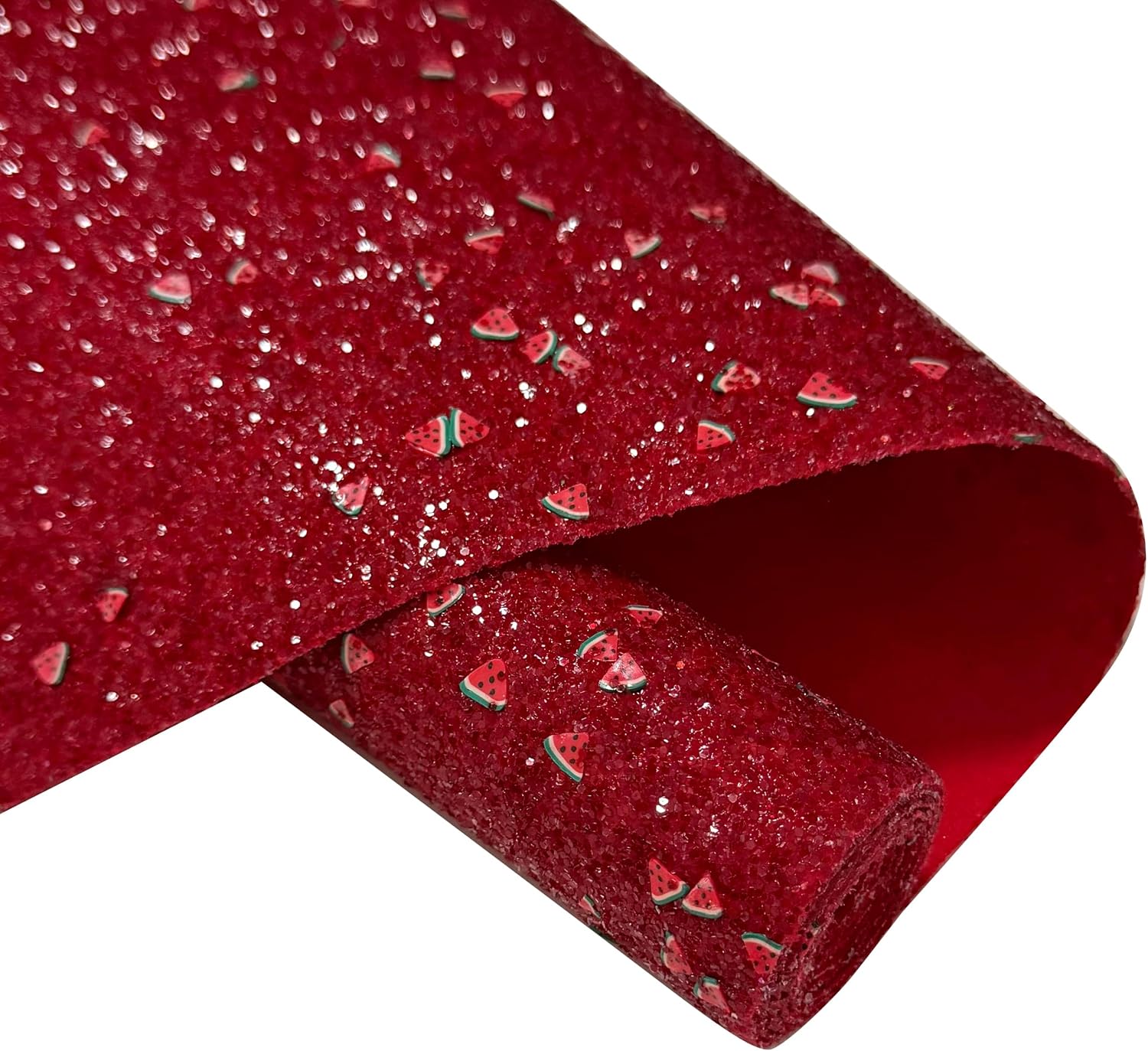 Meishu Carmine Faux Leather Watermelon Polymer Clay Chunky Glitter Roll, 52 x 12 Inch, Summer Glitter Fabric Ribbon for Bows Crafts Gift Wrapping Party Decoration (Red Watermelon)