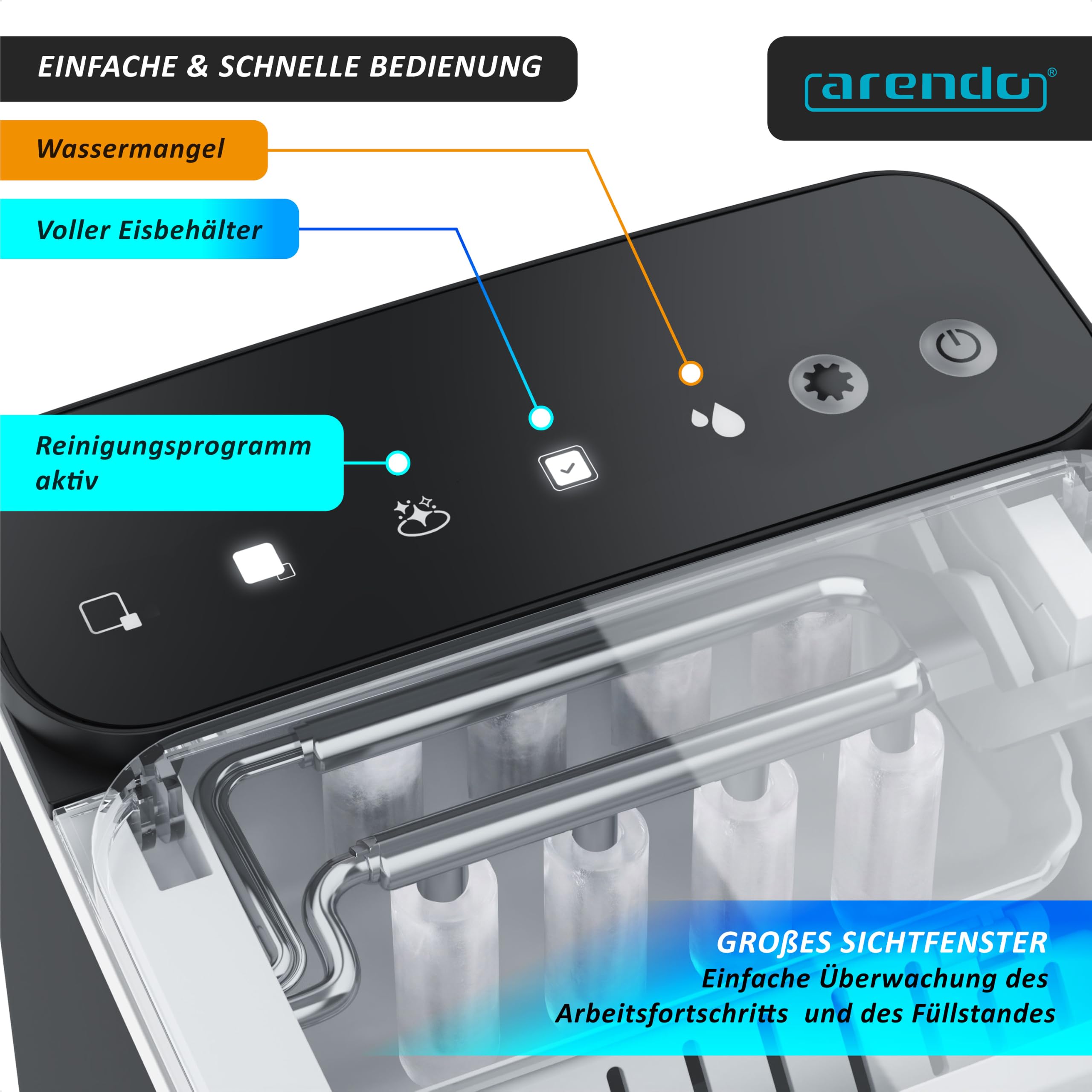 Arendo – Eiswürfelmaschine – Ice Cube Maker – 150 W – 12 kg Eis pro Tag – Automatische Abschaltfunktion – Warnfunktion – kleine Eiswürfel oder große Eiswürfel – leiser Betrieb