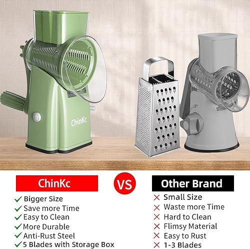 Miniatura 2 de Rallador rotativo de queso mejorado con asa, base de succión fuerte, rebanador giratorio multiusos con 5 cuchillas intercambiables para hielo,