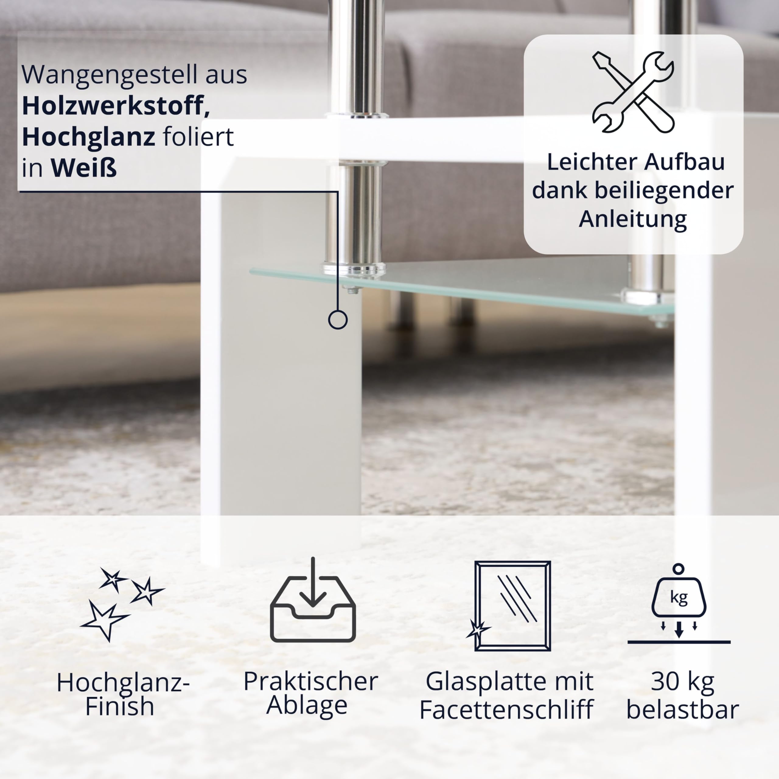 KHG Couchtisch weiß, Tischplatte inkl. Ablagefläche aus Glas transparent