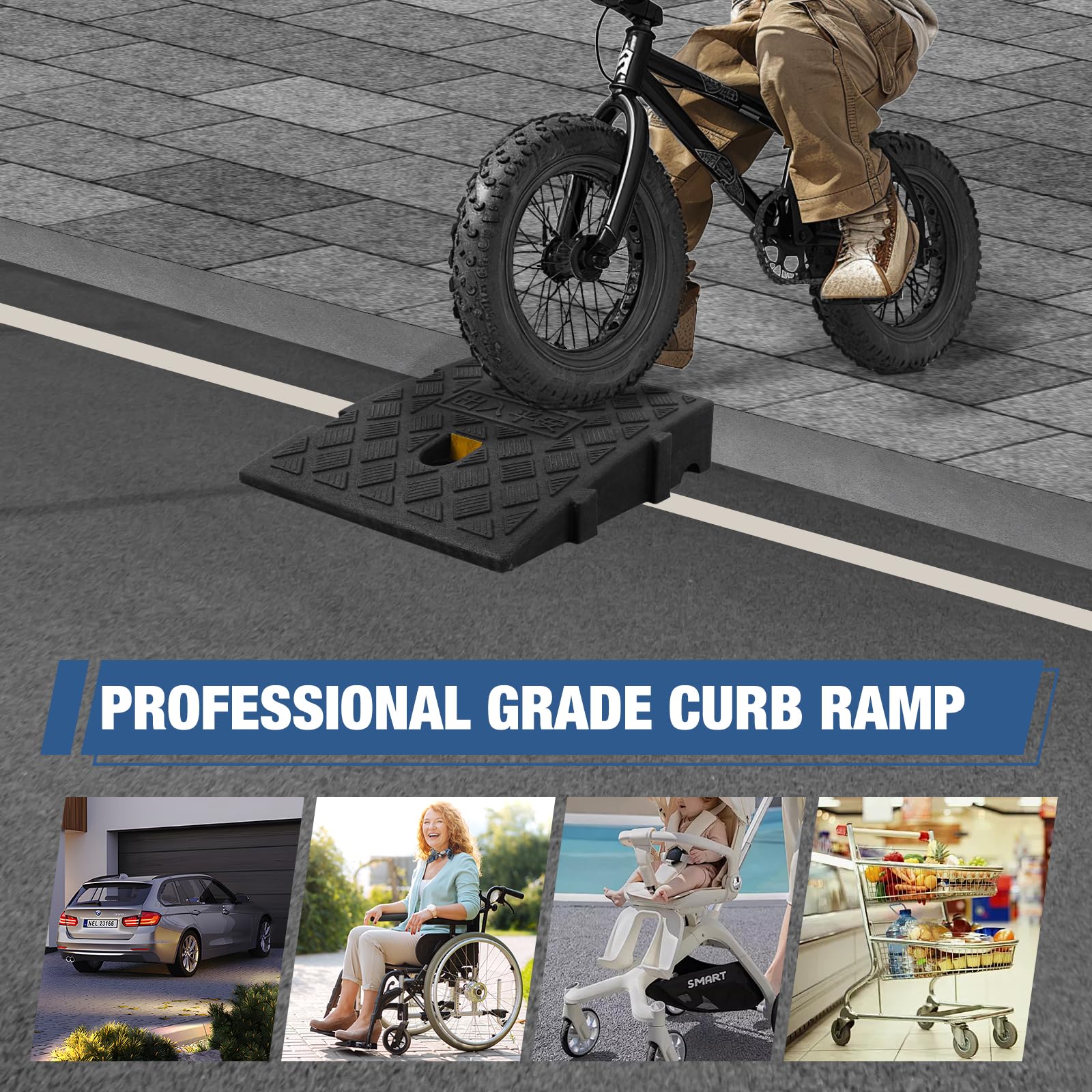 Rampa Bordillo 1 Unidades 13 cm, Rampa para Silla de Ruedas, Rampa Acceso para Coche y Moto, Rampa Umbral Antideslizante con Tiras Reflectantes, para Scooter Movilidad, Bicicletas y Carritos