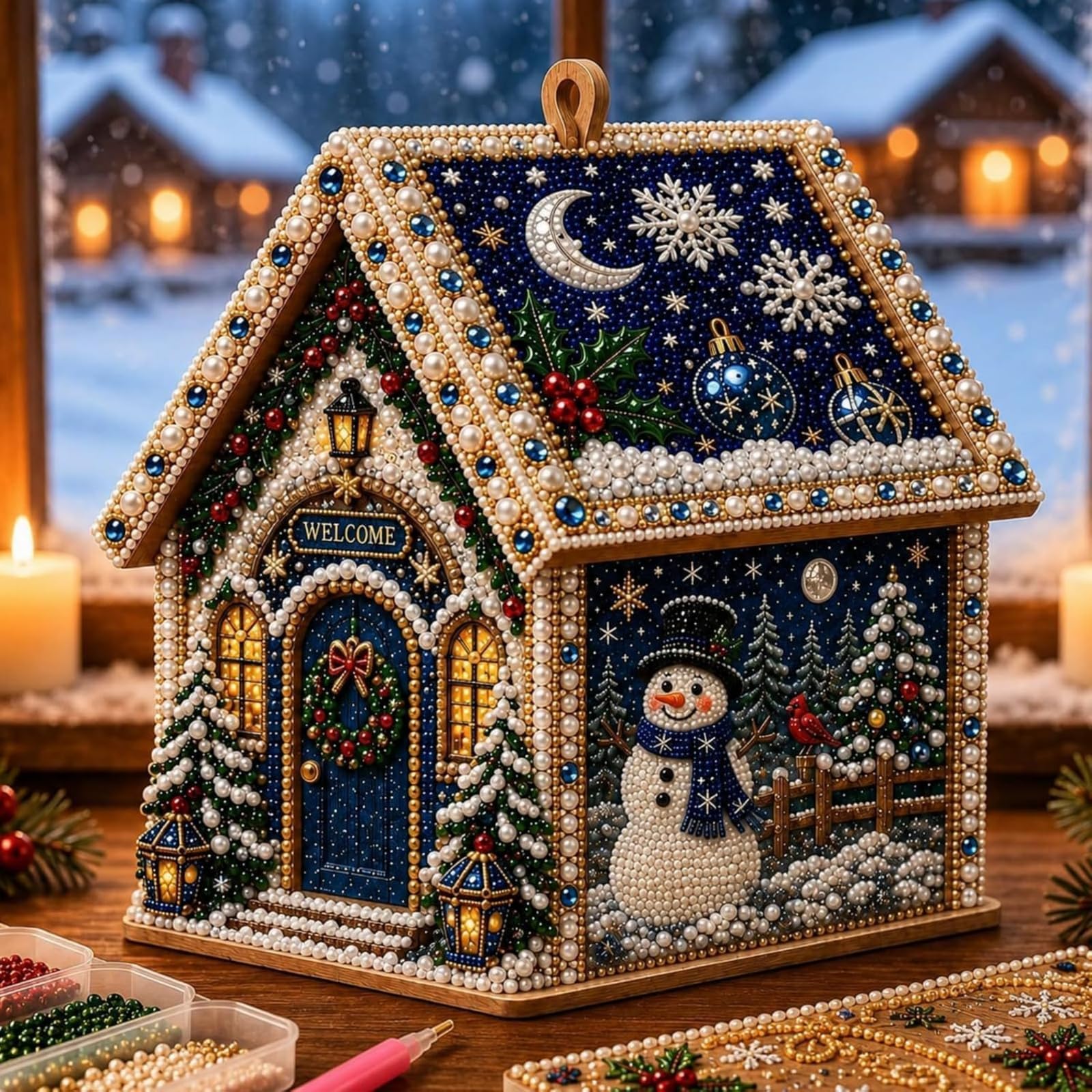Xuweiung 3D House Christmas Pearl Diamond Art Kit DIY Pearl Diamond Painting Kit for Adults Handmade Christmas Tabletop Ornament Home Holiday Decor Gift