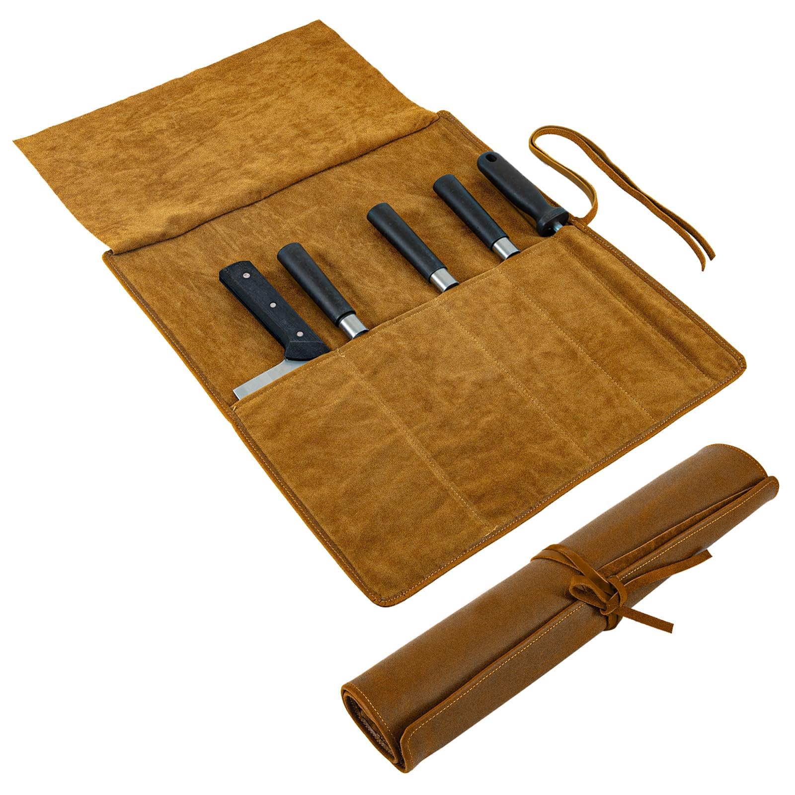 Echtes Leder Messertasche,Messertasche Kochmesser,Tragbare Messer Rolltasche mit 5 Fächern,Koch Messer Tasche,Messerrolle für Camping Wandern,Knife Roll Bag Geschenke für Männer Frauen. (Dunkelbraun)