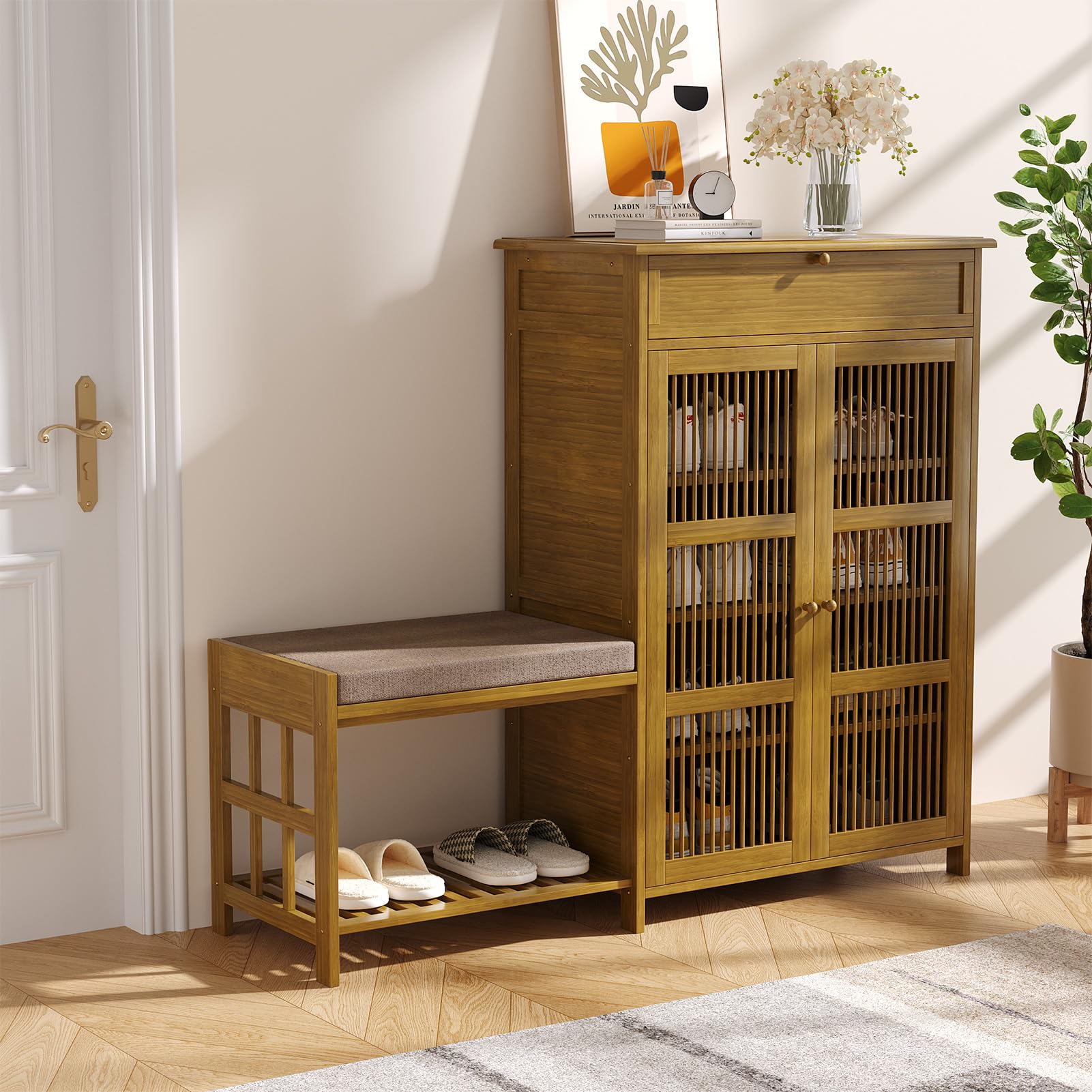 Warmiehomy Shoe Cabinet with Seat, Shoe Cabinet Storage Hallway with Doors and Drawer, 4 Tier Storage Bench for Entryway, Living Room, 113 x 33 x 98cm,Tea