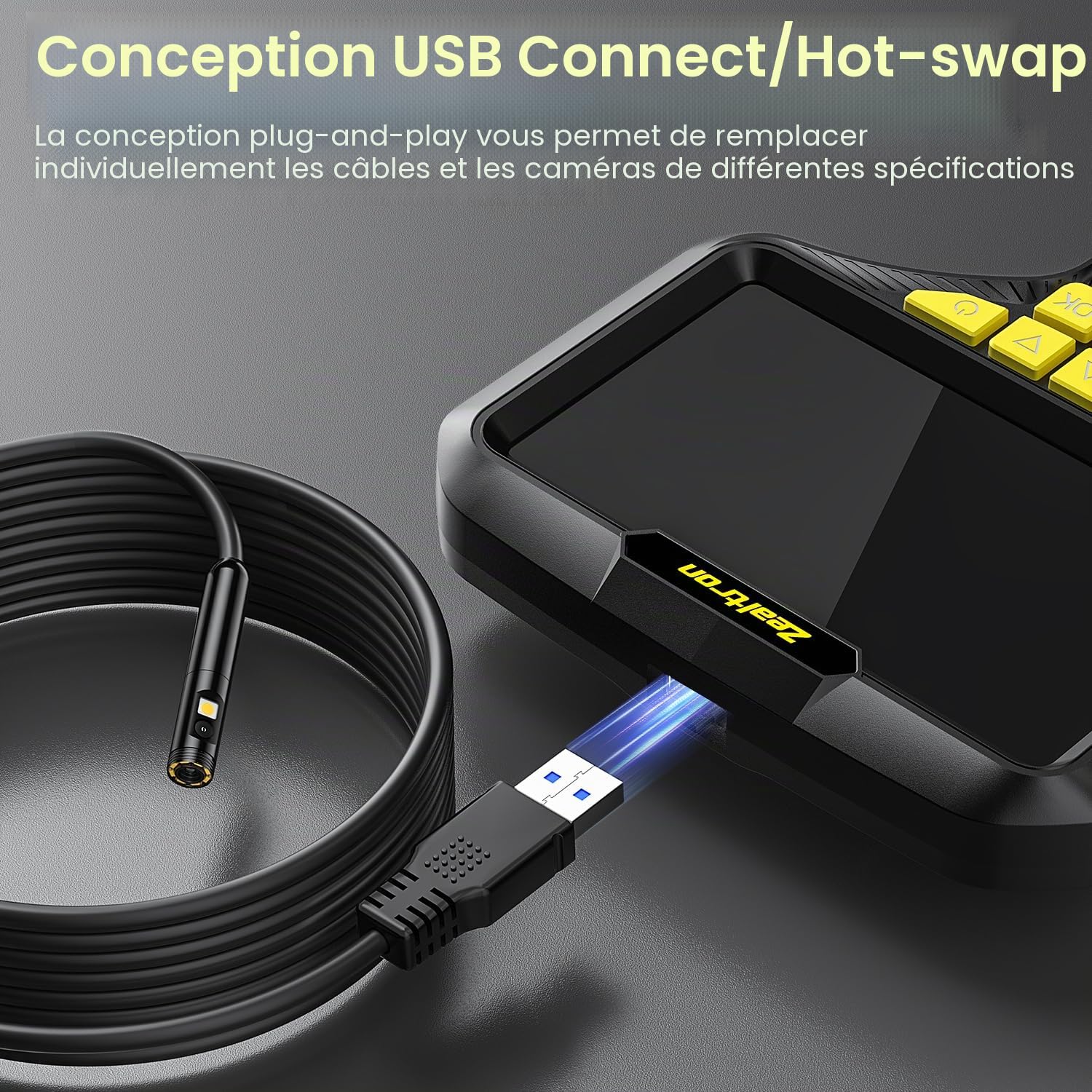 Caméra Endoscopique Manuelle à Double Objectif, écran IPS de 5,0" Endoscope, caméra d'inspection Industrielle HD 1080p avec 8 LED, sonde endoscopique étanche IP67 avec câble de 5 m