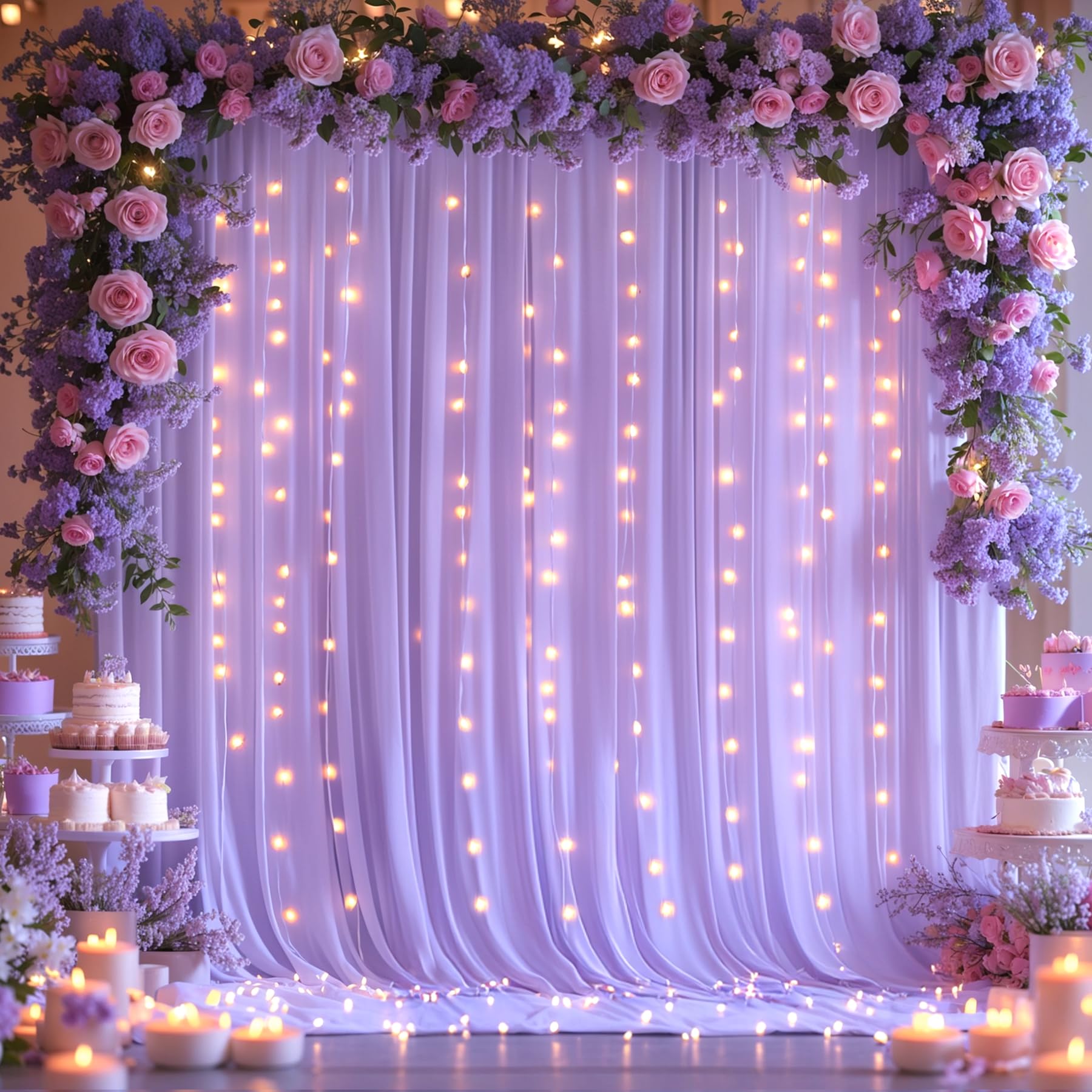 10x10ft Lavender Backdrop Curtains with Lights Wrinkle Free Fabric Backdrop Curtain for Wedding Birthday Party Baby Shower Photo Shoot Bridal Shower