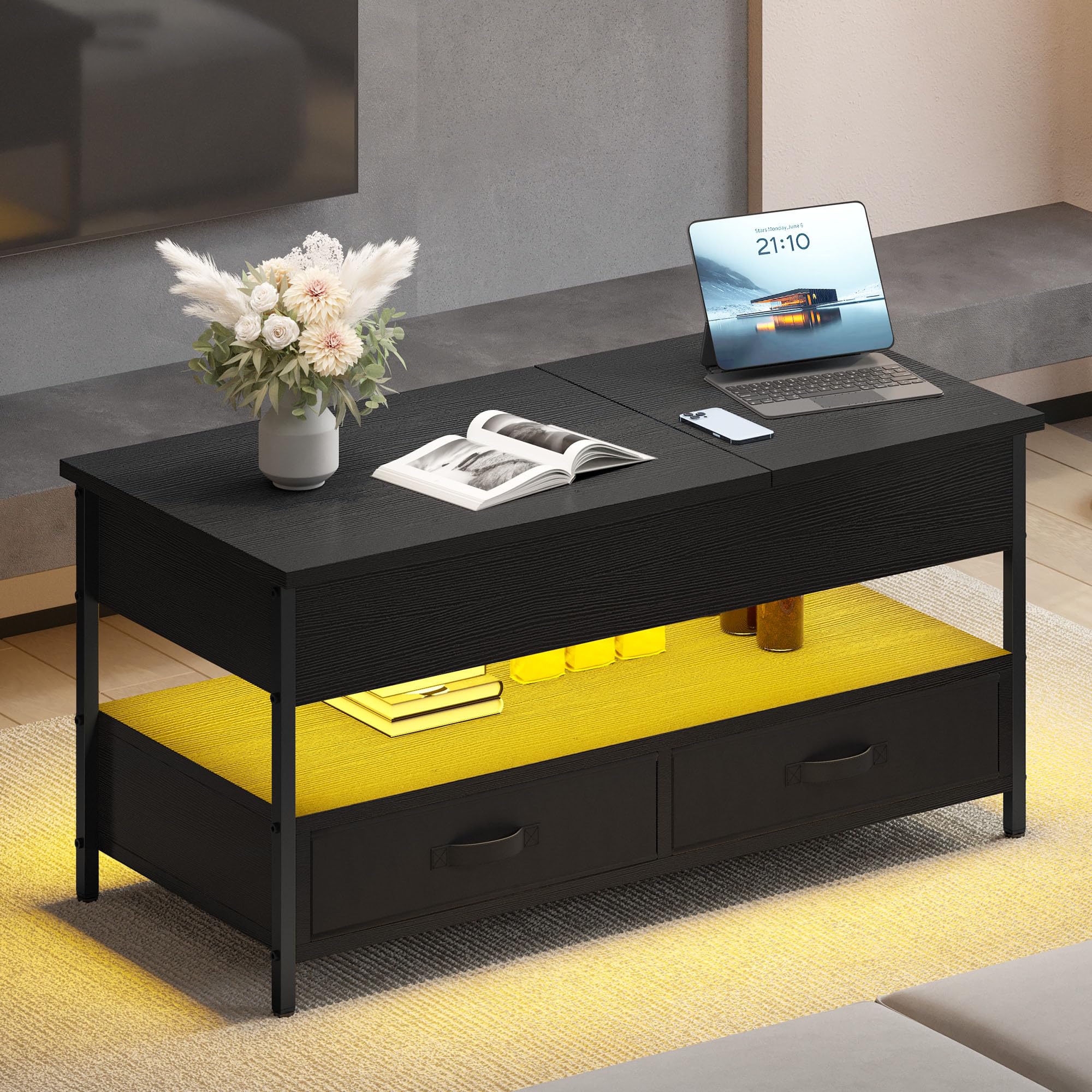 DWVO Couchtisch Höhenverstellbar mit 2 Schublade und Offener Lagerraum, LED Couchtisch mit Verstecktem Ablagefach, Wohnzimmertisch 106 x50x51,5cm