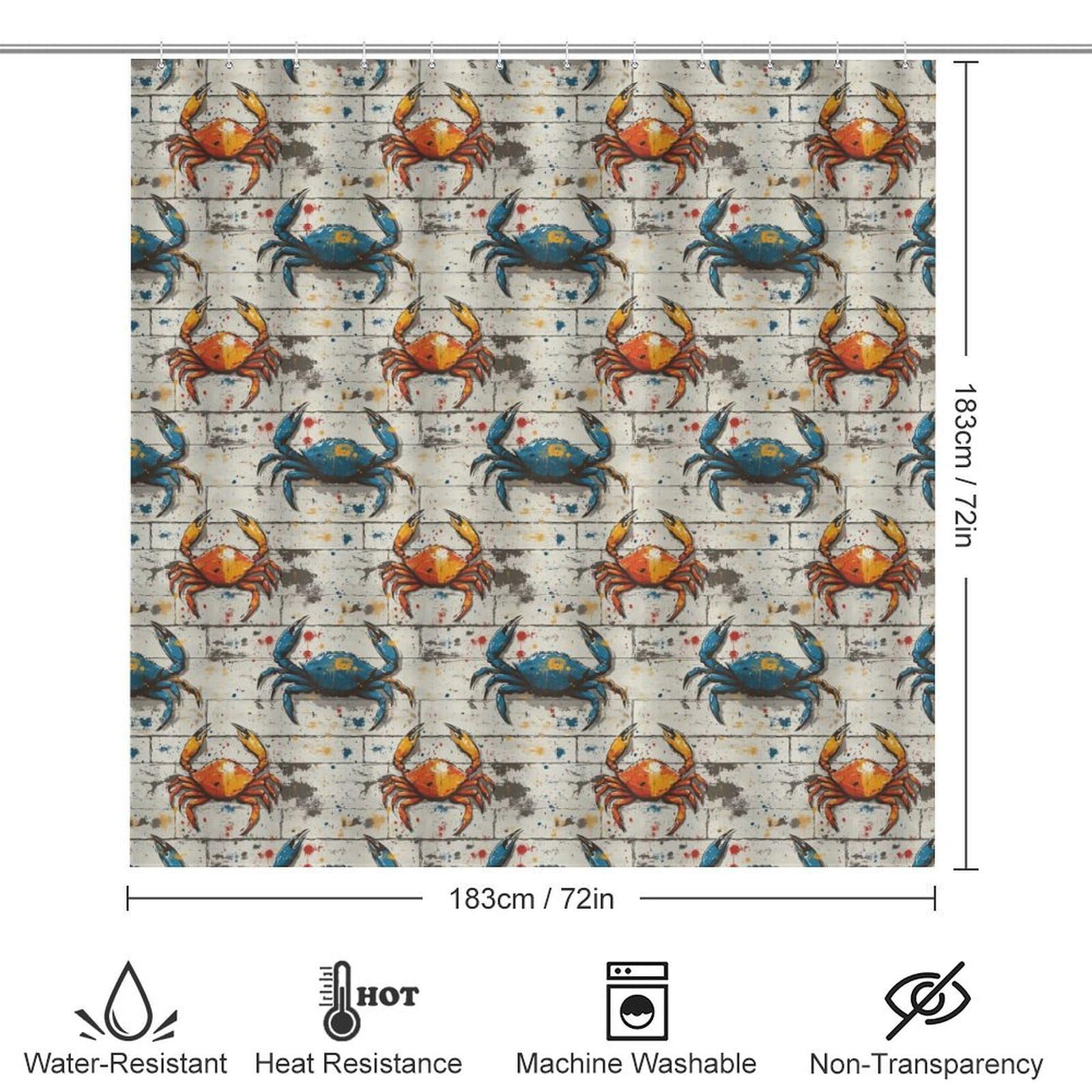 Ensemble de 4 pièces de salle de bain avec rideau de douche et tapis – Tapis de salle de bain tendance et moderne imprimé crabe bleu orange – Accessoires de décoration pour forme de U et tapis de